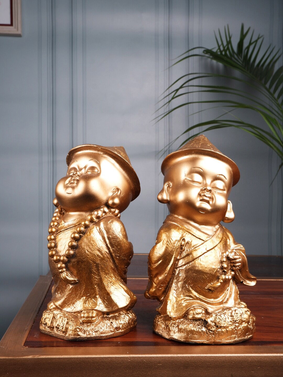 

THE WHITE INK DECOR Set Of 2 Gold-Toned Monk Figurine Showpieces