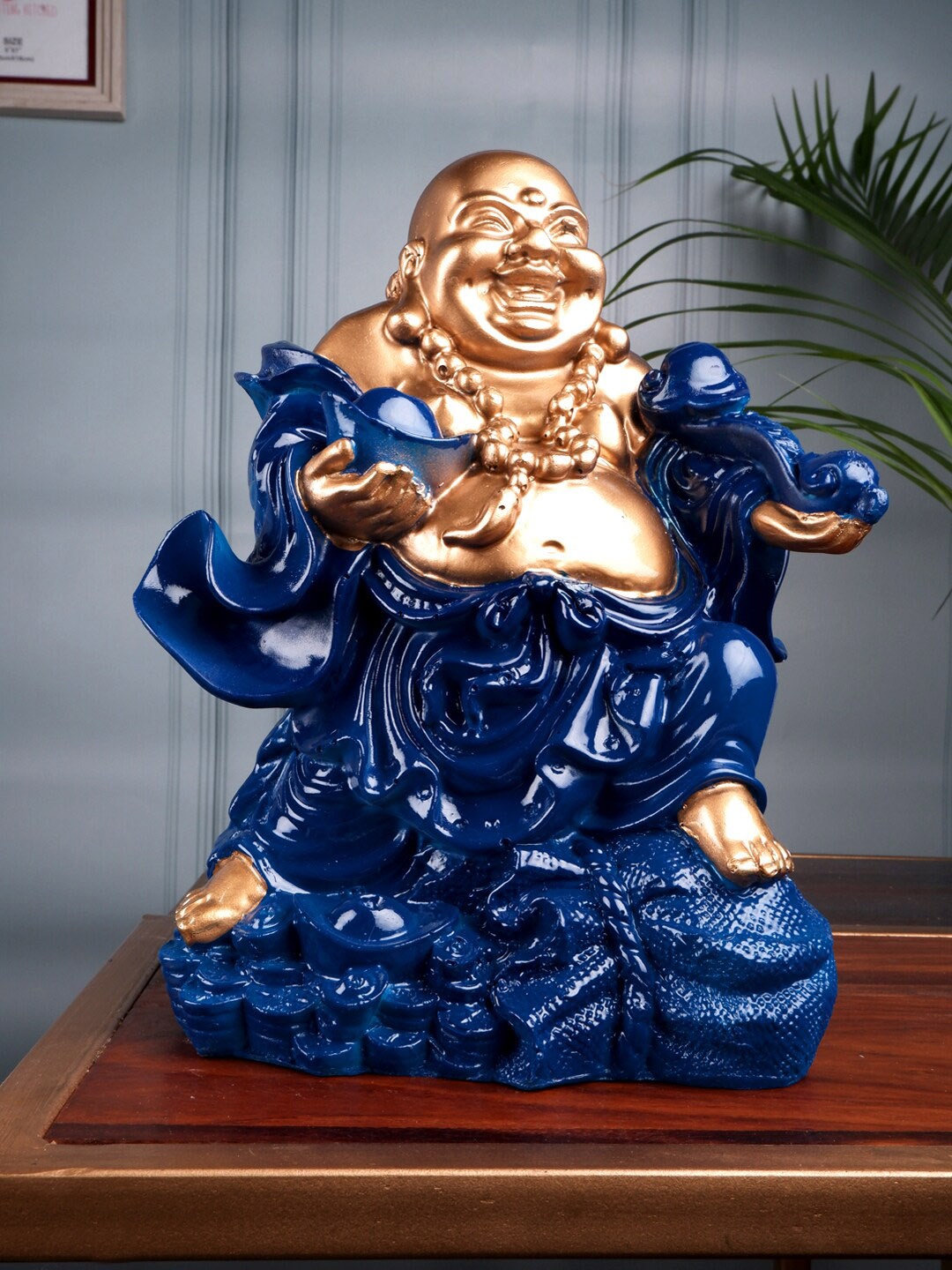 

THE WHITE INK DECOR Blue & Gold Fengshui Laughing Buddha Showpieces