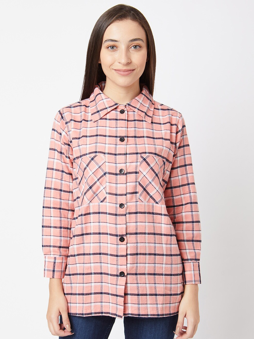 

Smarty Pants Women Pink Boxy Checked Casual Cotton Shirt
