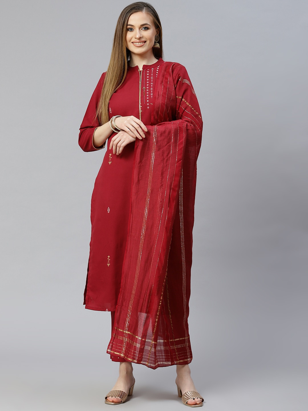 

ZIYAA Women Maroon Ethnic Motifs Embroidered Kurta with Trousers & With Dupatta