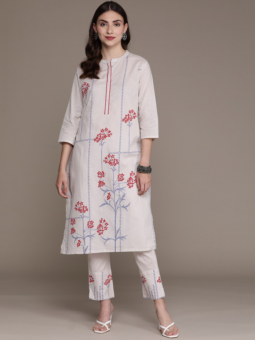 

ZIYAA Women Grey Floral Printed Aari Work Pure Cotton Kurta with Trousers
