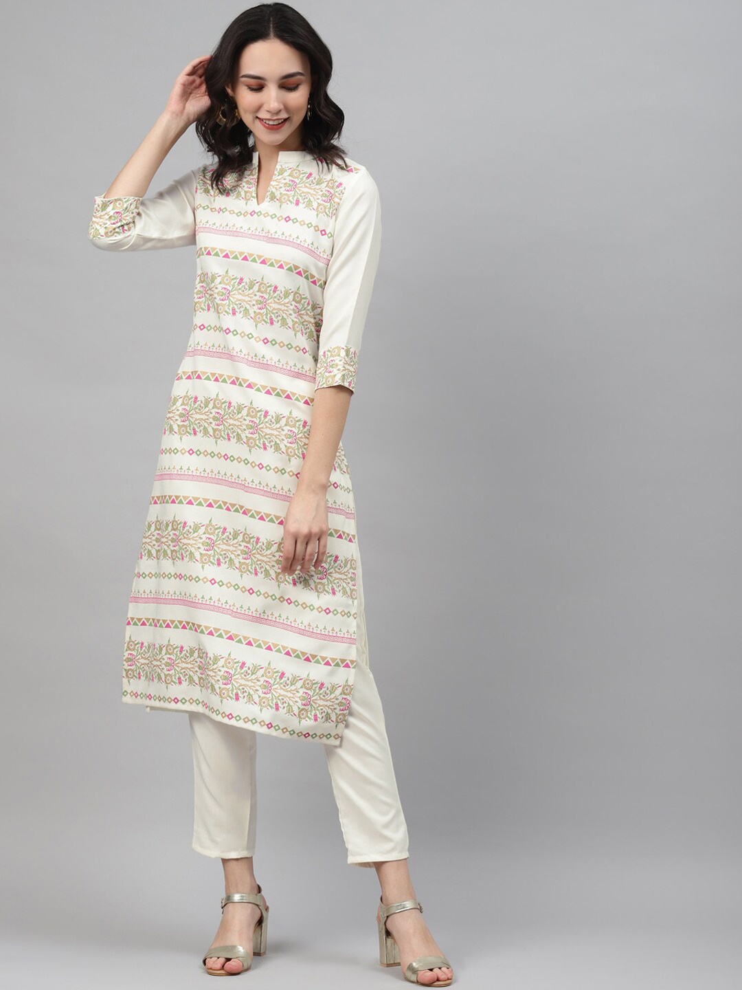 

ZIYAA Women Off White Floral Printed Kurta with Trousers