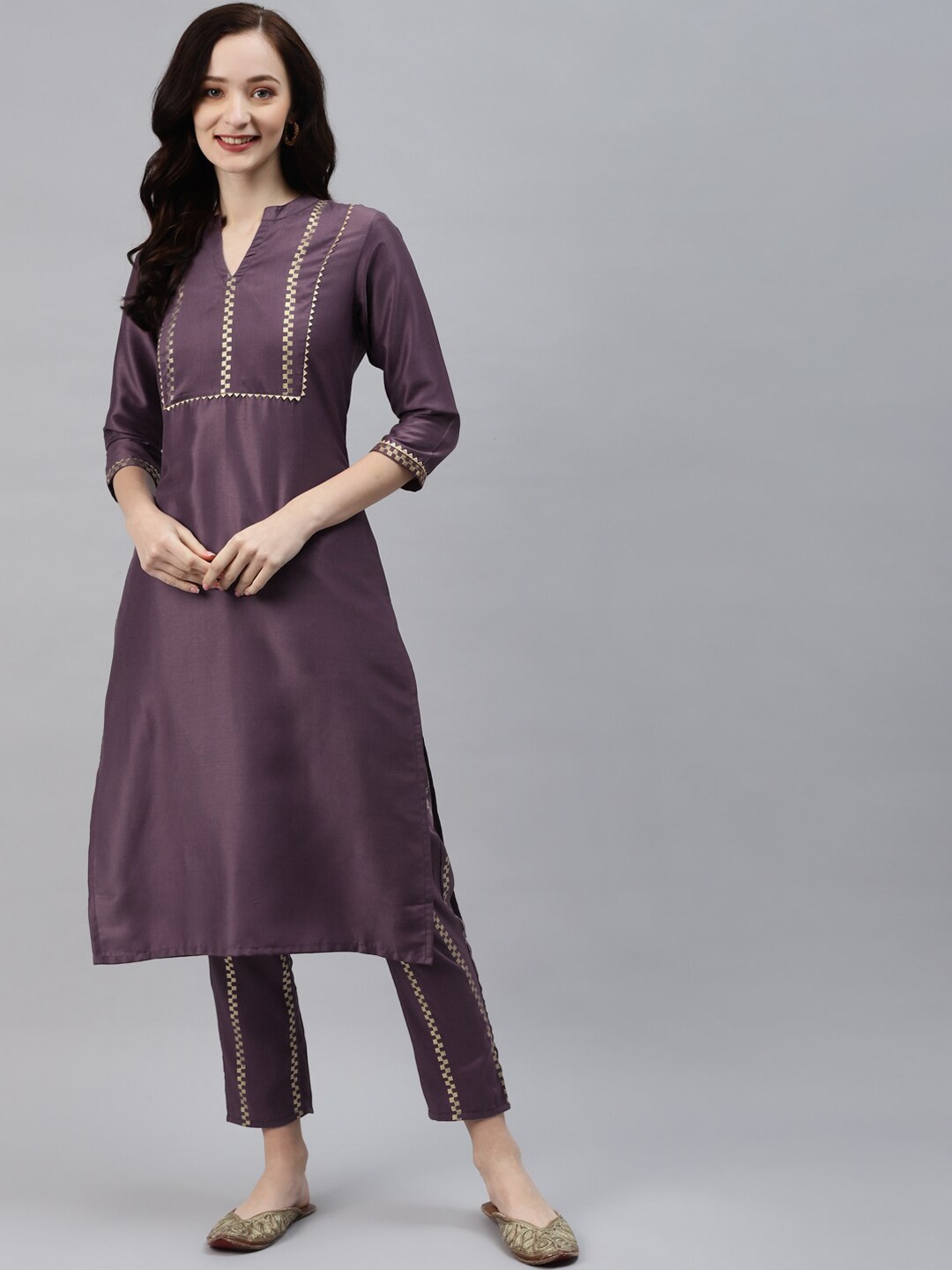 

ZIYAA Women Purple Striped Panelled Kurti with Trousers