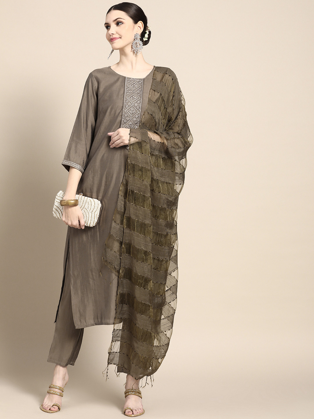 

Anouk Women Brown Ethnic Motifs Yoke Design Kurta with Trousers & Dupatta