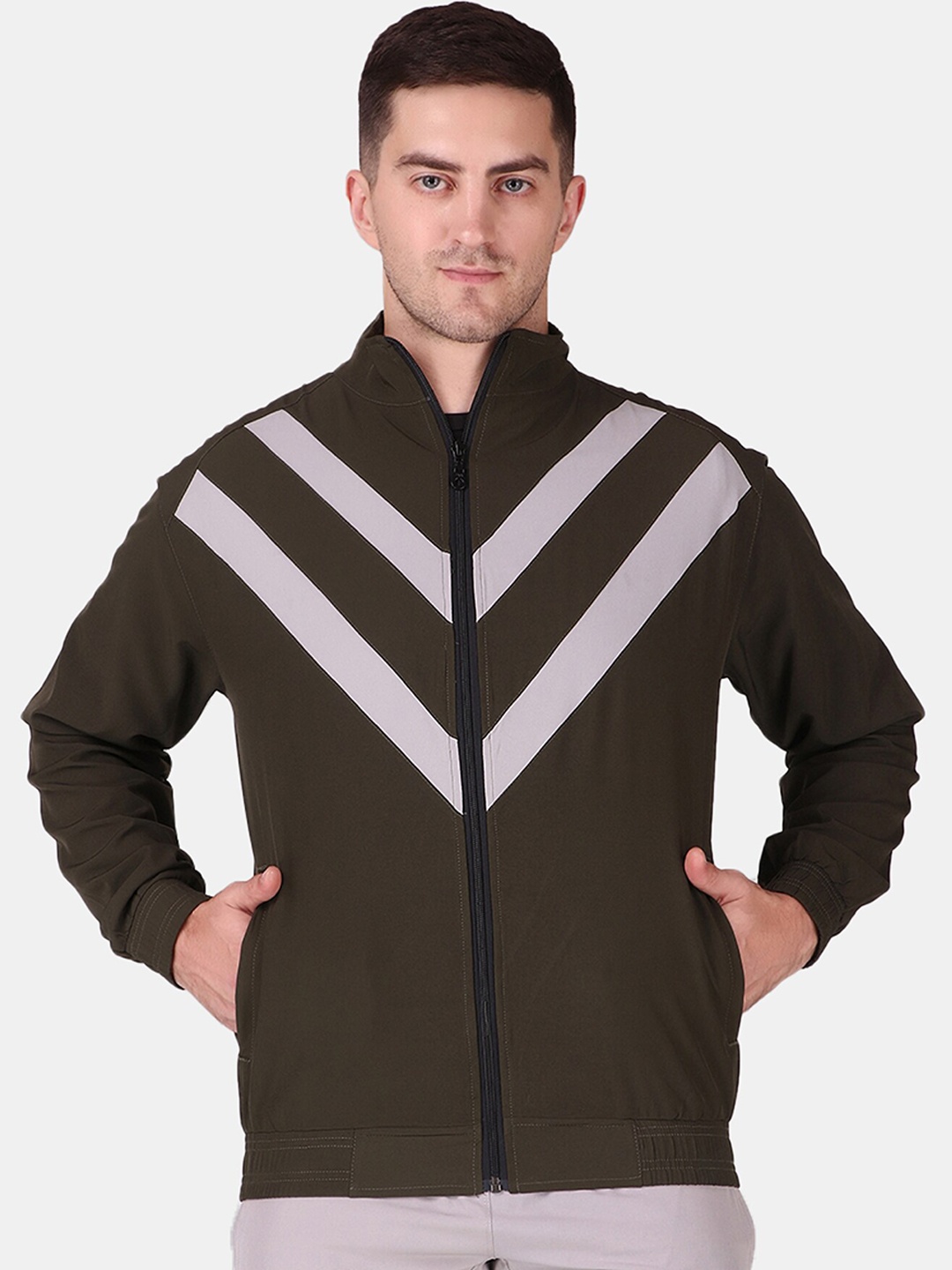 

FITINC Men Olive Green Off White Striped Antimicrobial Running Sporty Jacket