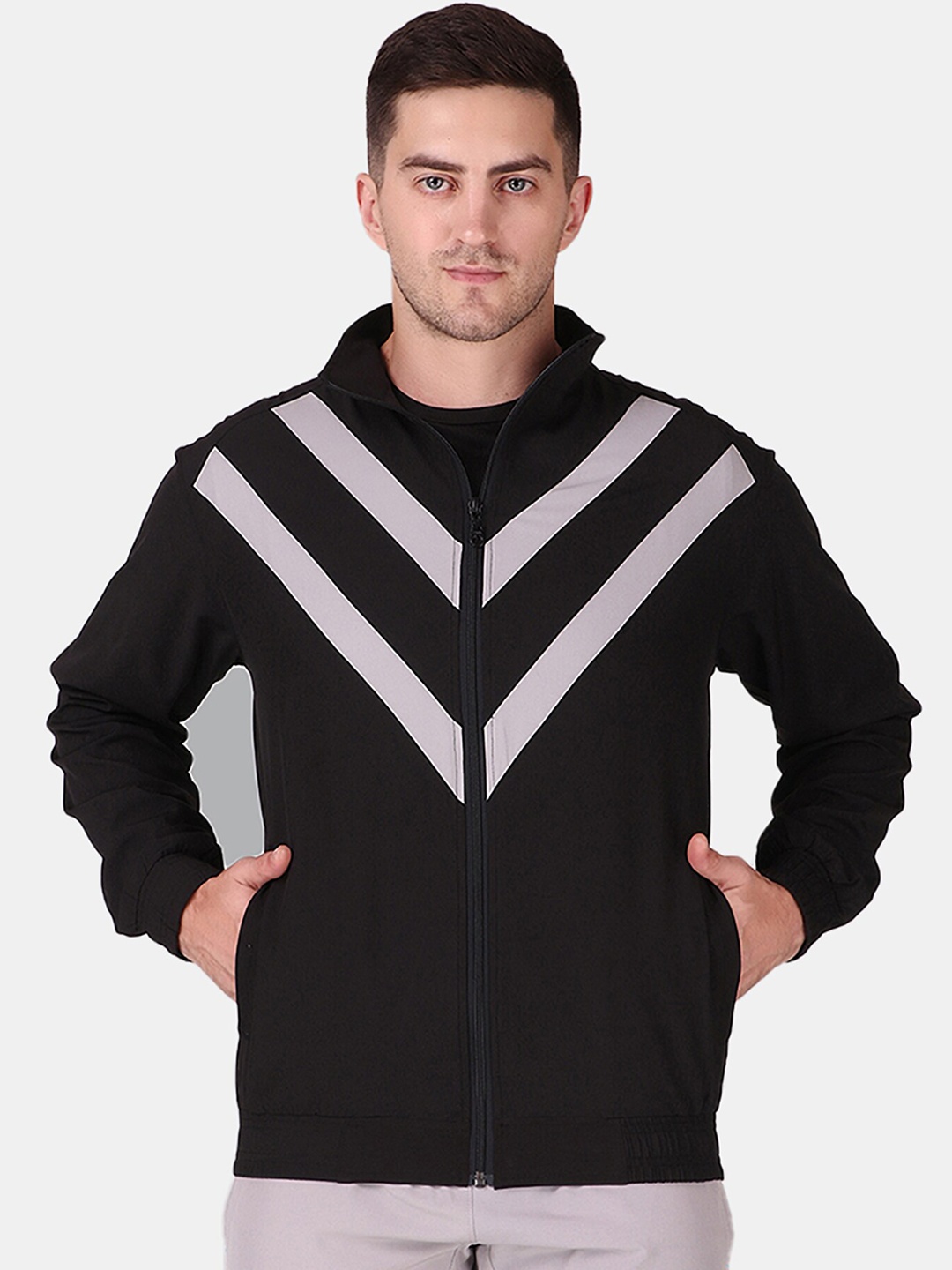 

FITINC Men Black Striped Antimicrobial Running Sporty Jacket