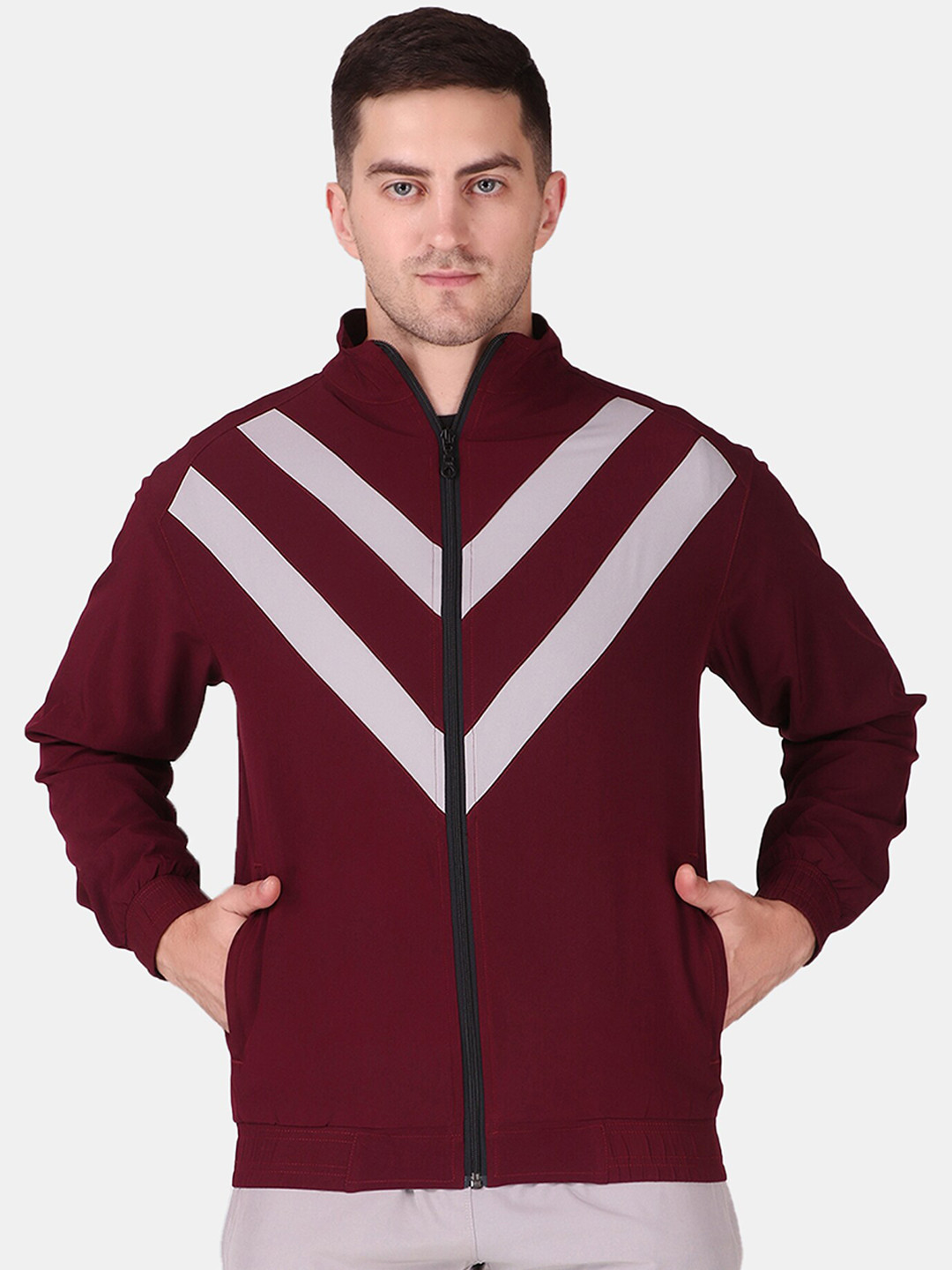 

FITINC Men Maroon & Off White Striped Antimicrobial Tailored Jacket