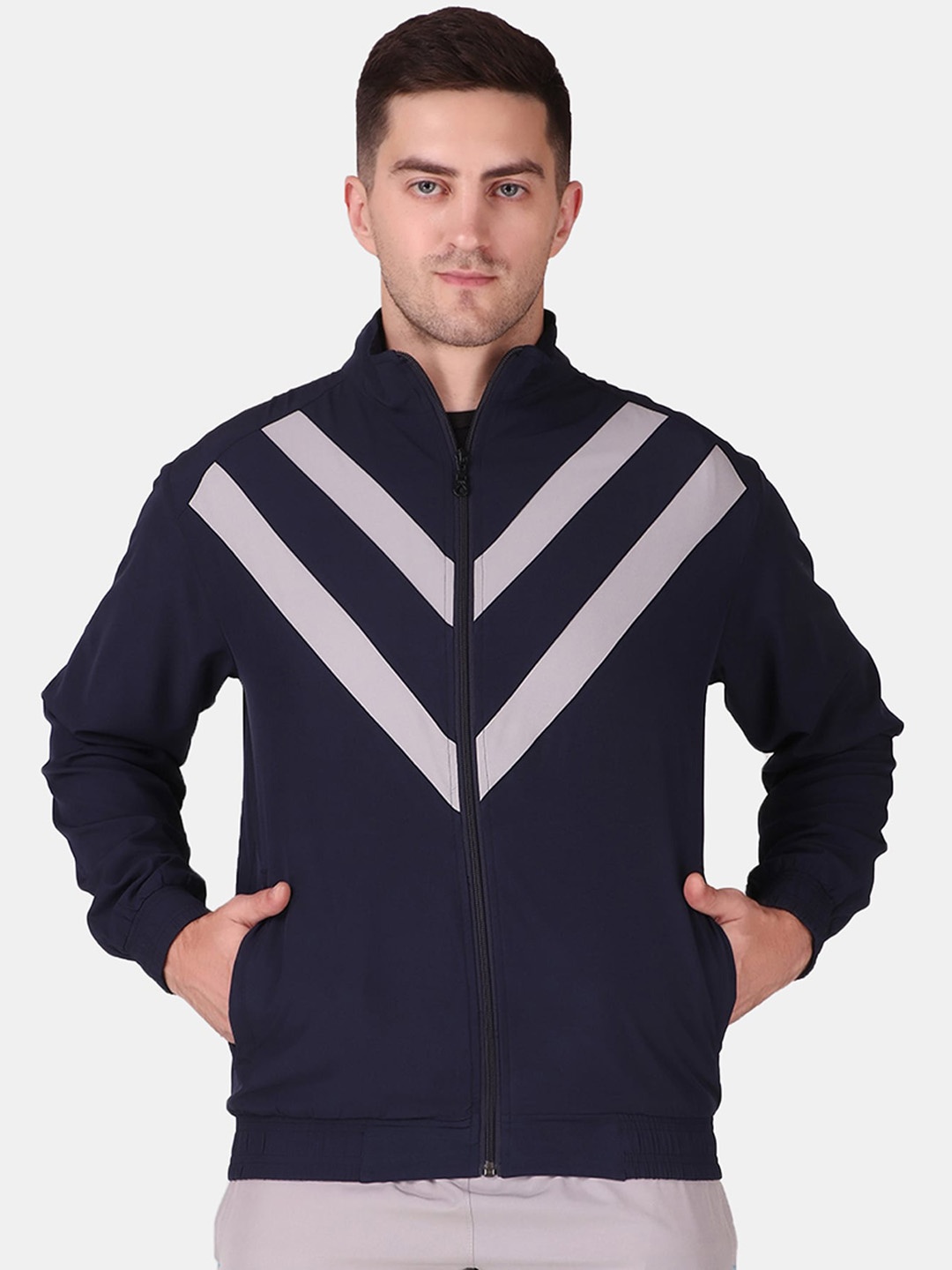 

FITINC Men Navy Blue Antimicrobial Running Bomber Jacket