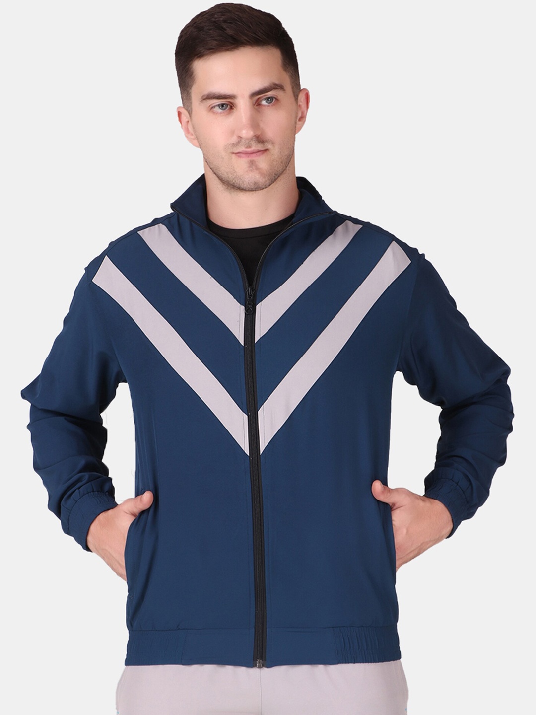 

FITINC Men Blue Striped Antimicrobial Running Sporty Jacket