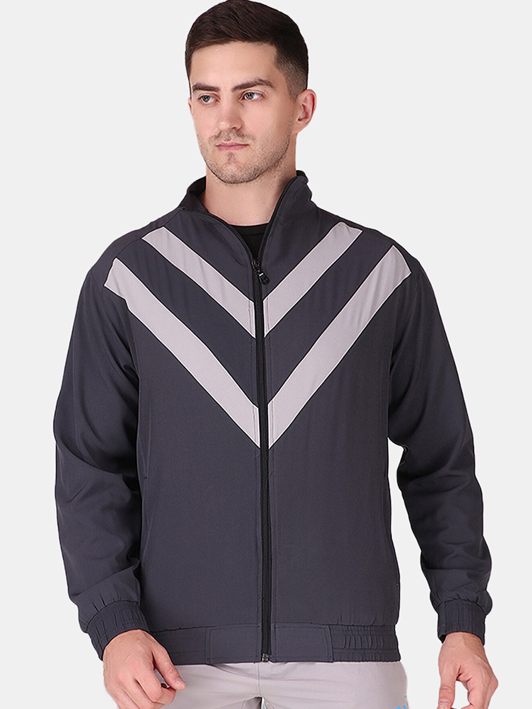 

FITINC Men Grey Striped Antimicrobial Running Sporty Jacket