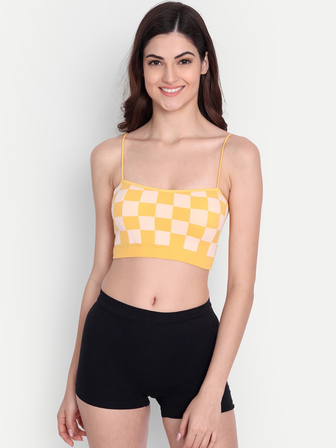 

3mads Yellow & White Checked Lightly Padded Bralette Bra