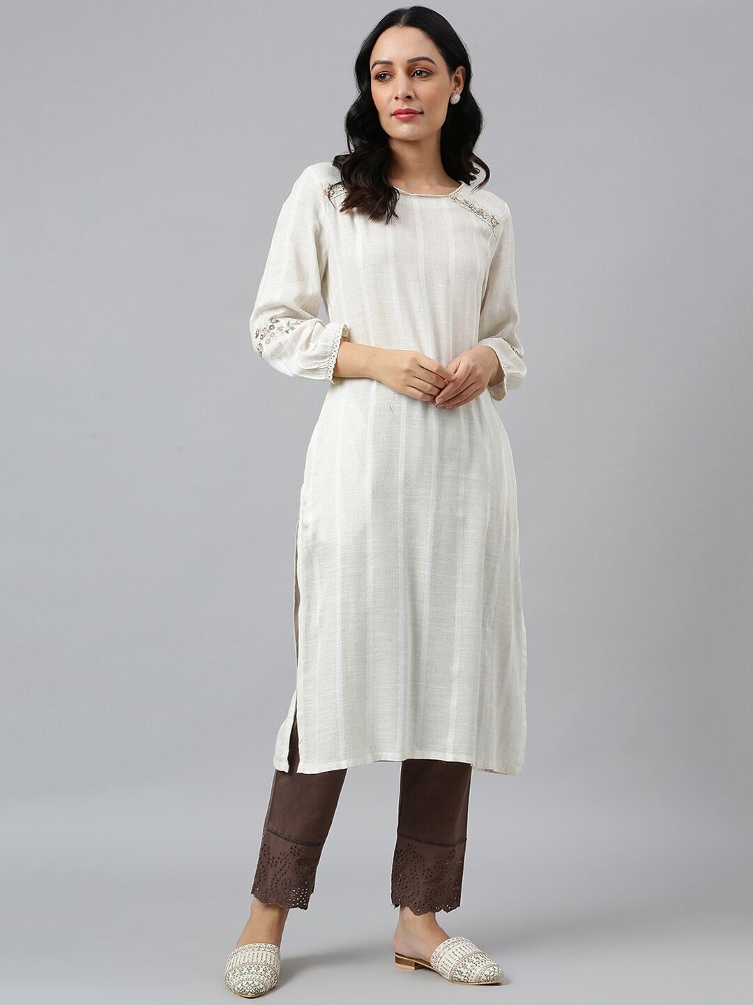 

W Striped Cotton Kurta with Trousers, Beige