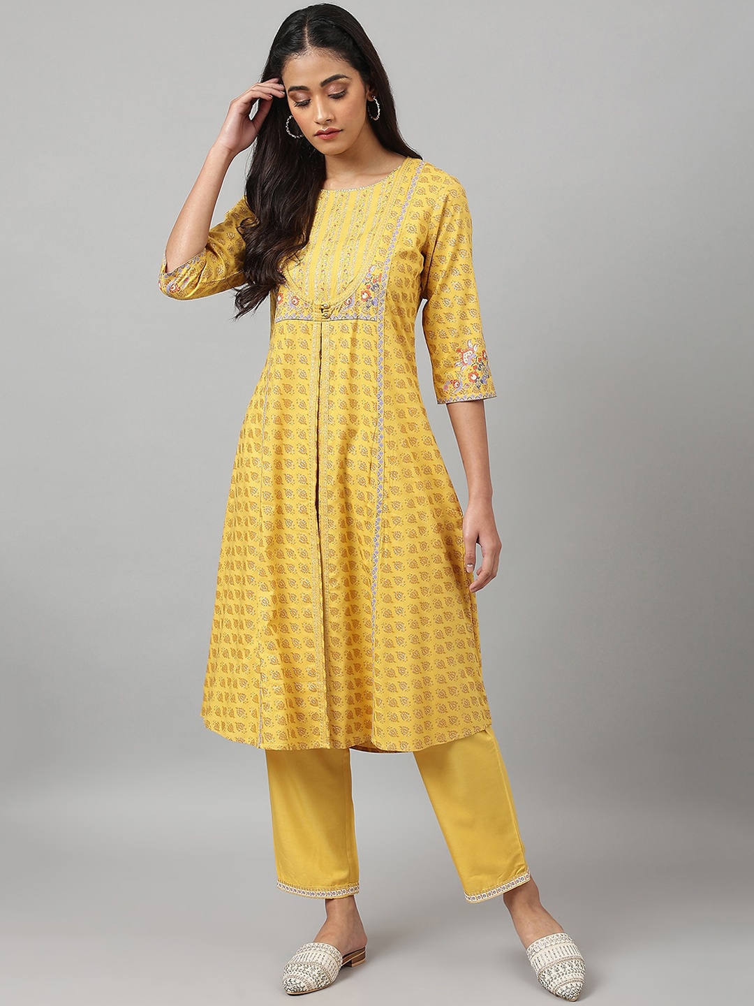 

W Festive Floral Print Rayon Kurta With Straight Pant, Yellow