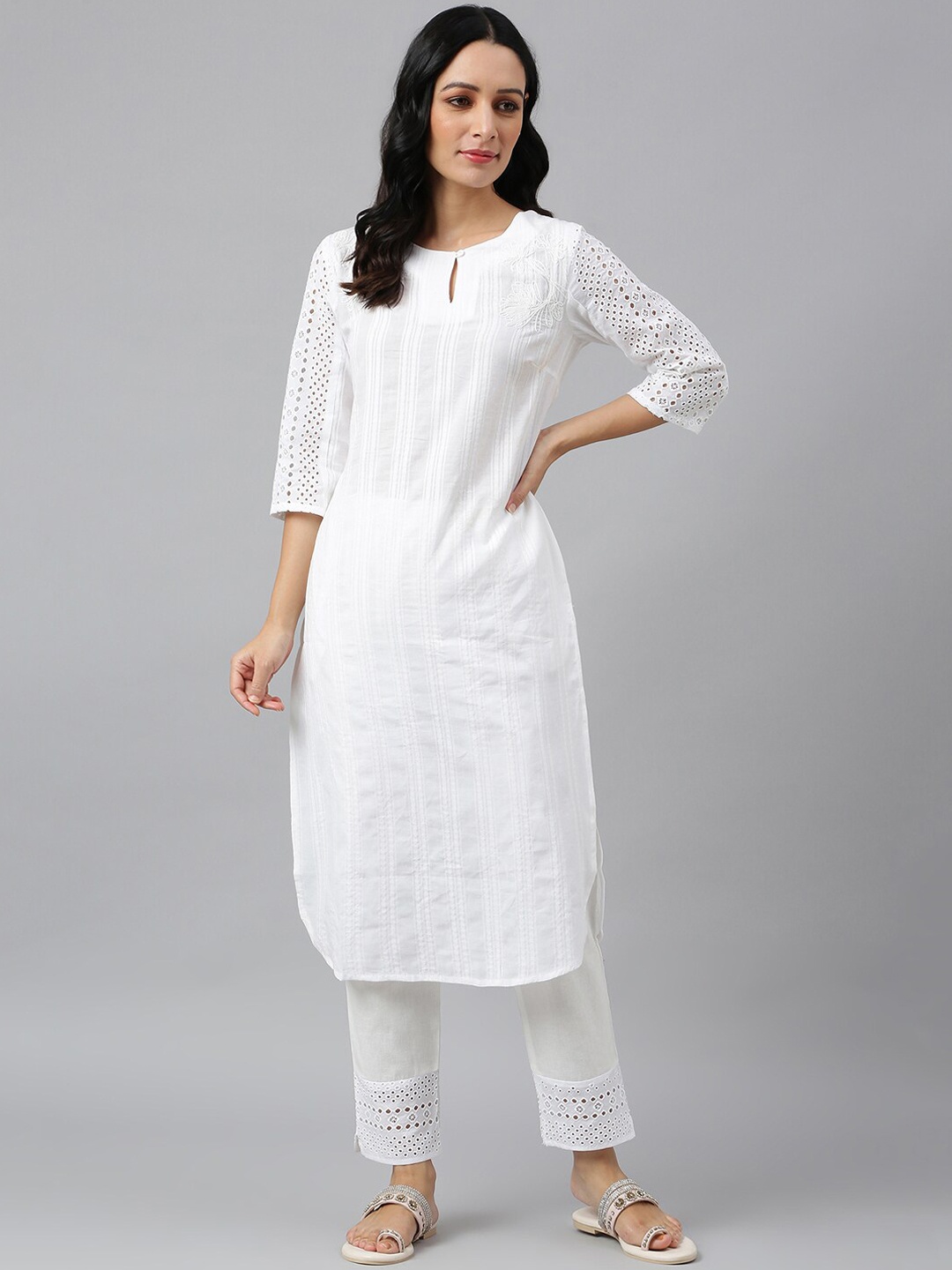 

W Women White Striped Kurta with Trousers