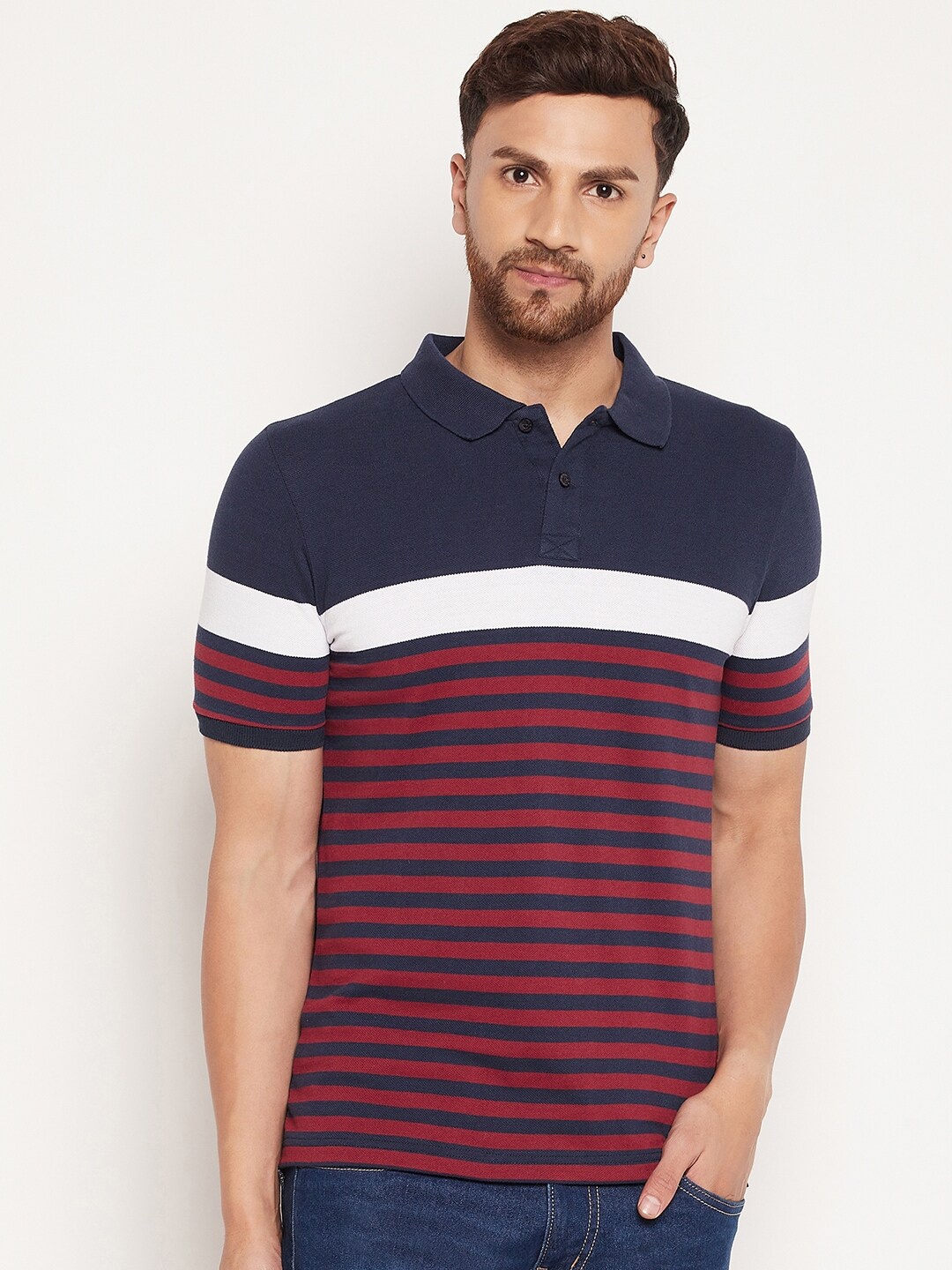 

Austin wood Men Red & Navy Blue Striped Polo Collar T-shirt