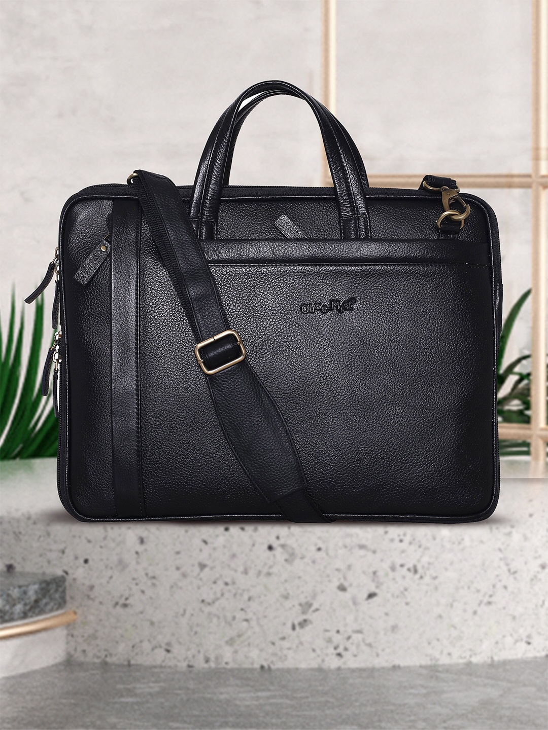 

OLIVE MIST Unisex Black Leather Laptop Bag