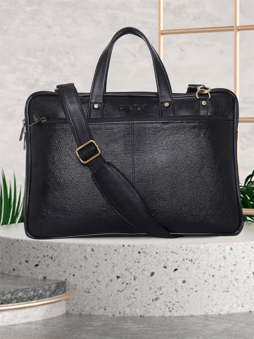 

OLIVE MIST Unisex Black & Gold-Toned Leather Laptop Bag
