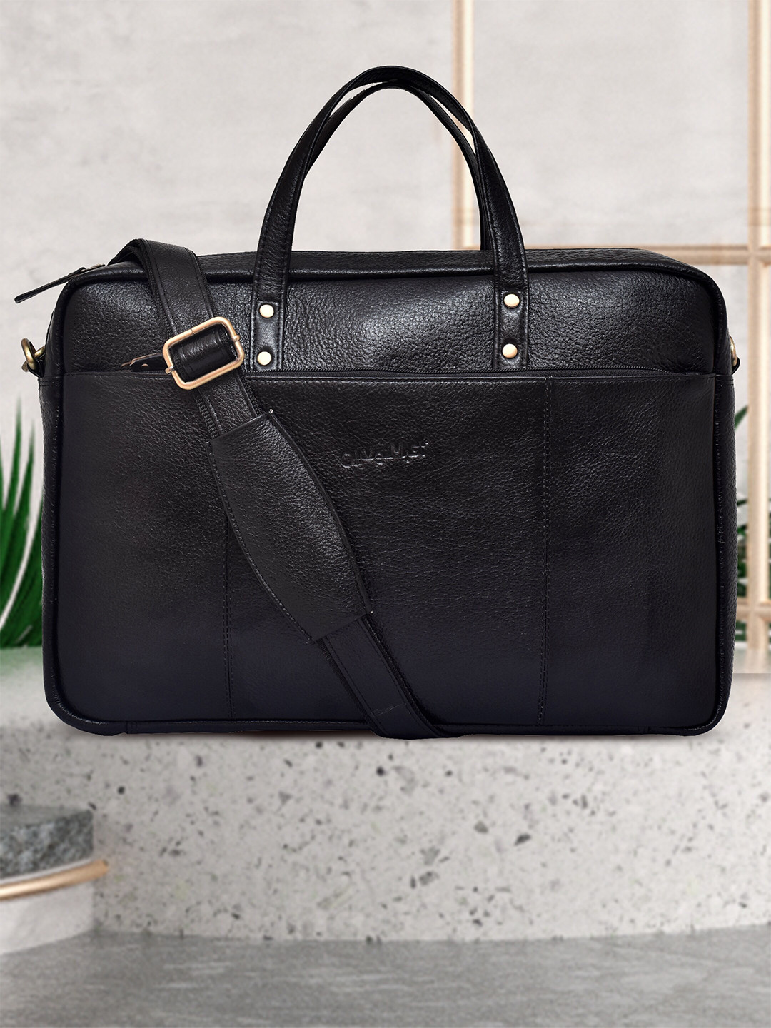 

OLIVE MIST Unisex Black & Gold-Toned Leather Laptop Bag