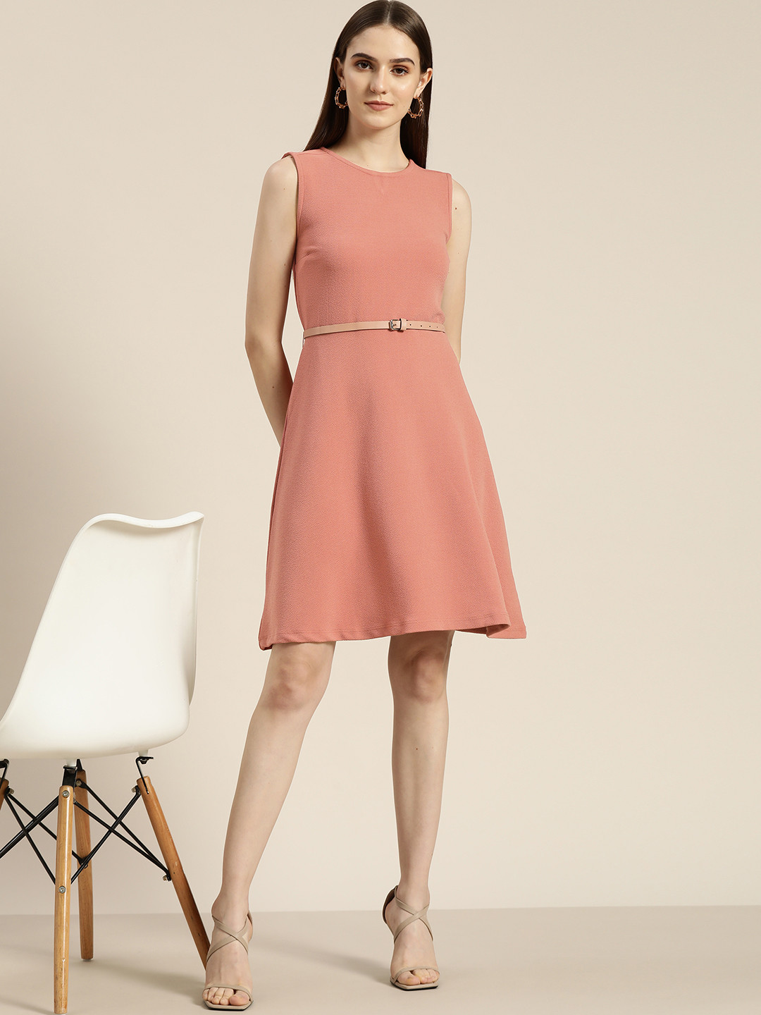 

her by invictus Women Pink Textured Dress with Belt