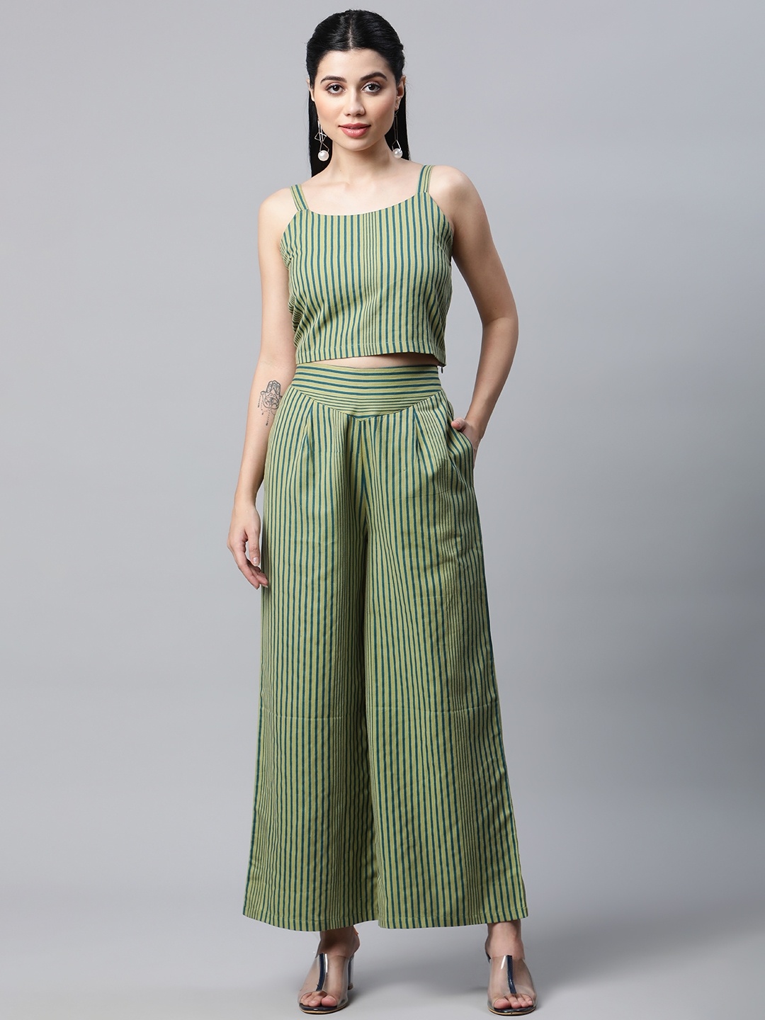 

mokshi Women Green Striped Cotton Co-Ords
