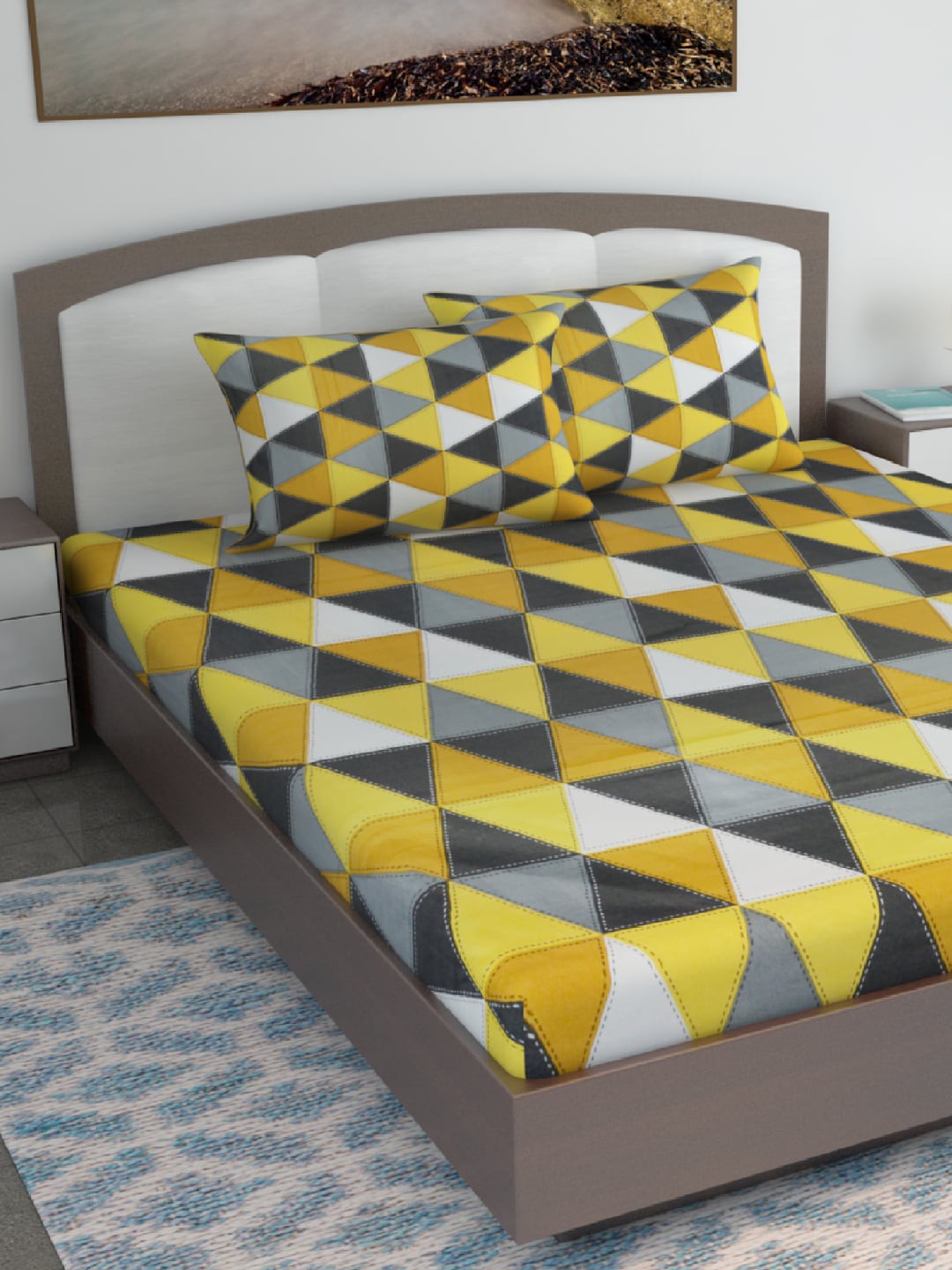 

Divine Casa Khaki & Yellow Geometric 120 TC King Bedsheet with 2 Pillow Covers