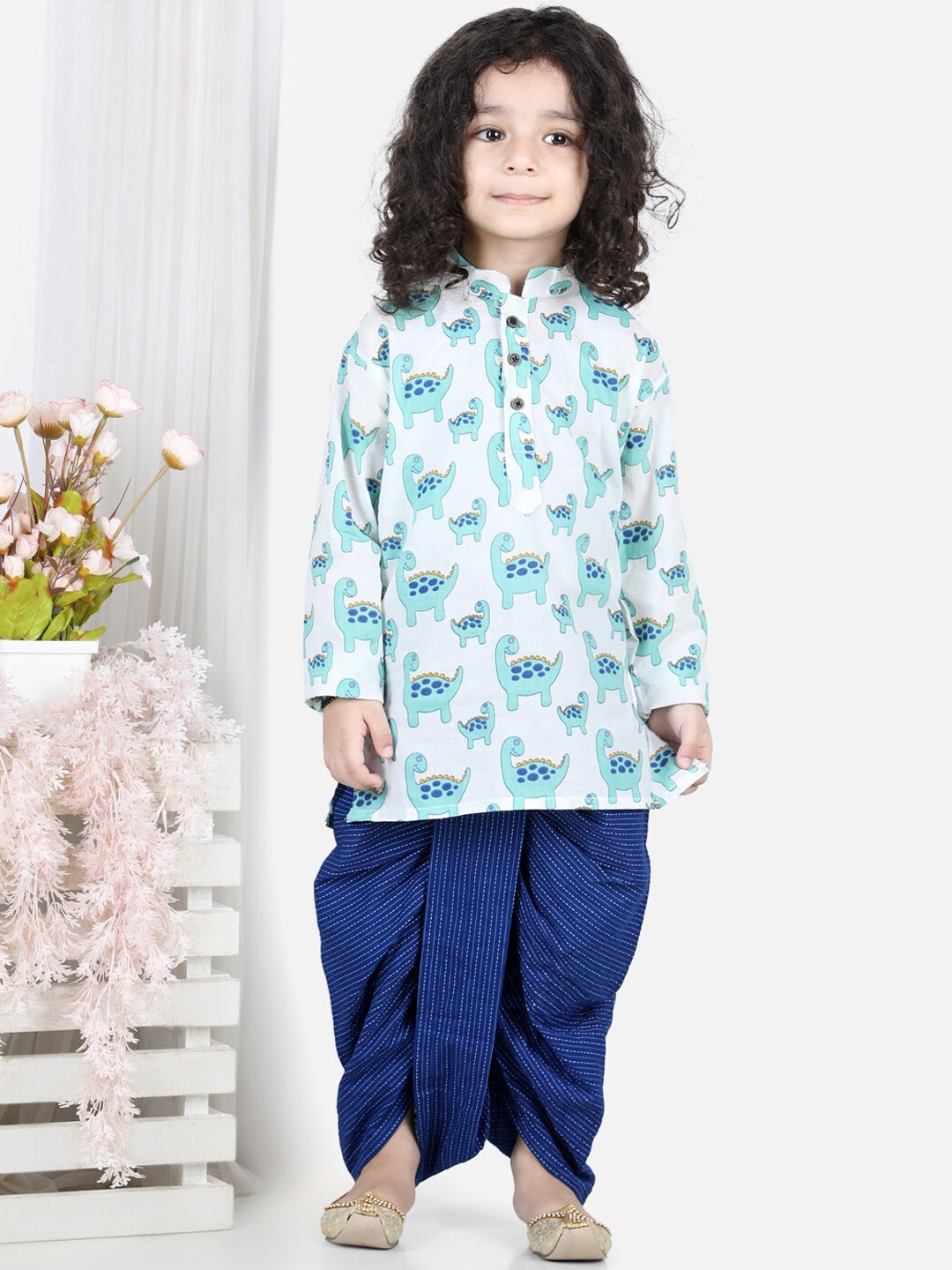 

Here&Now X Kinder Kids Boys Blue Floral Printed Pure Cotton Kurta with Dhoti Pants