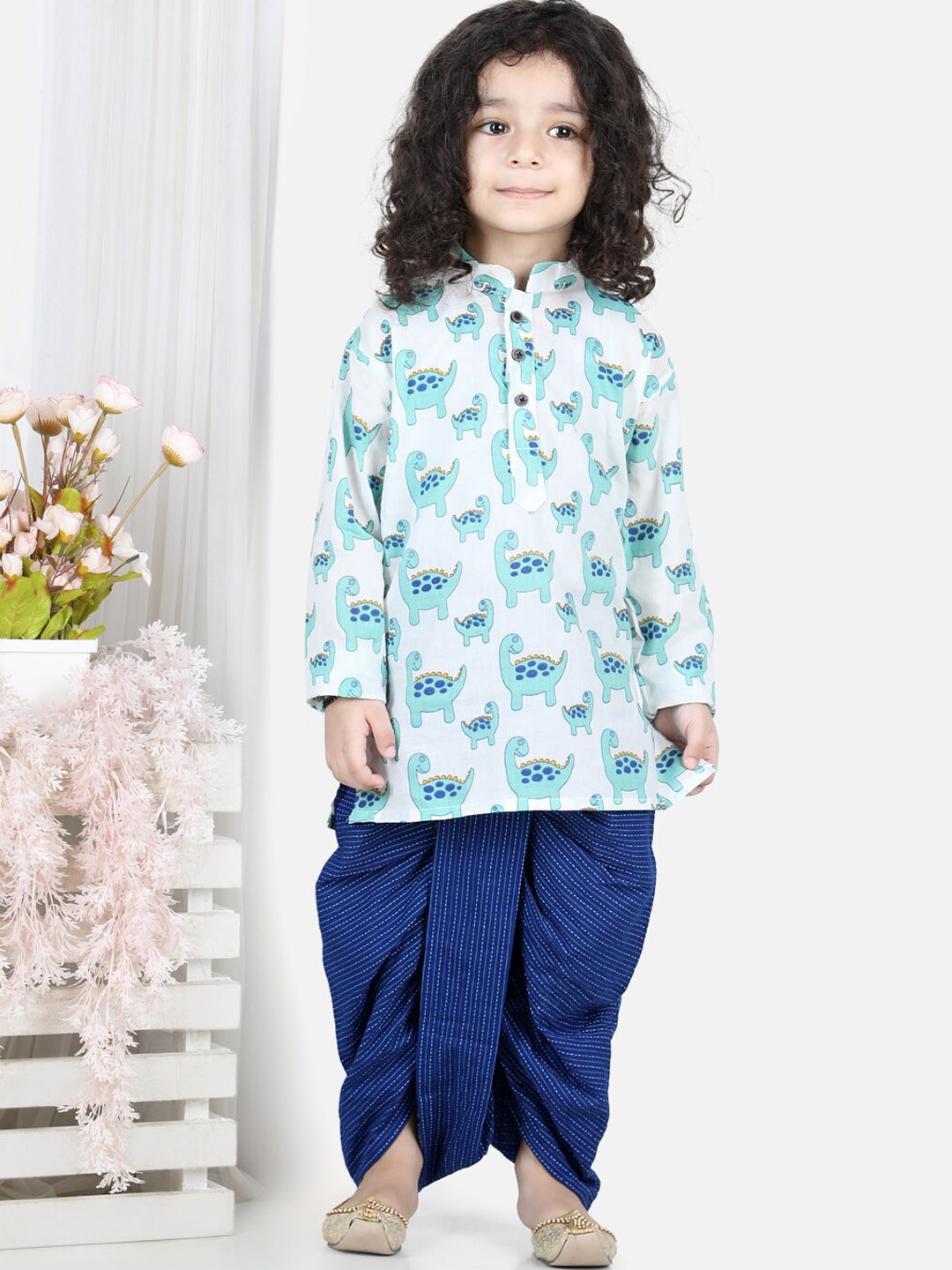 

Here&Now X Kinder Kids Boys Blue Floral Printed Pure Cotton Kurta with Dhoti Pants