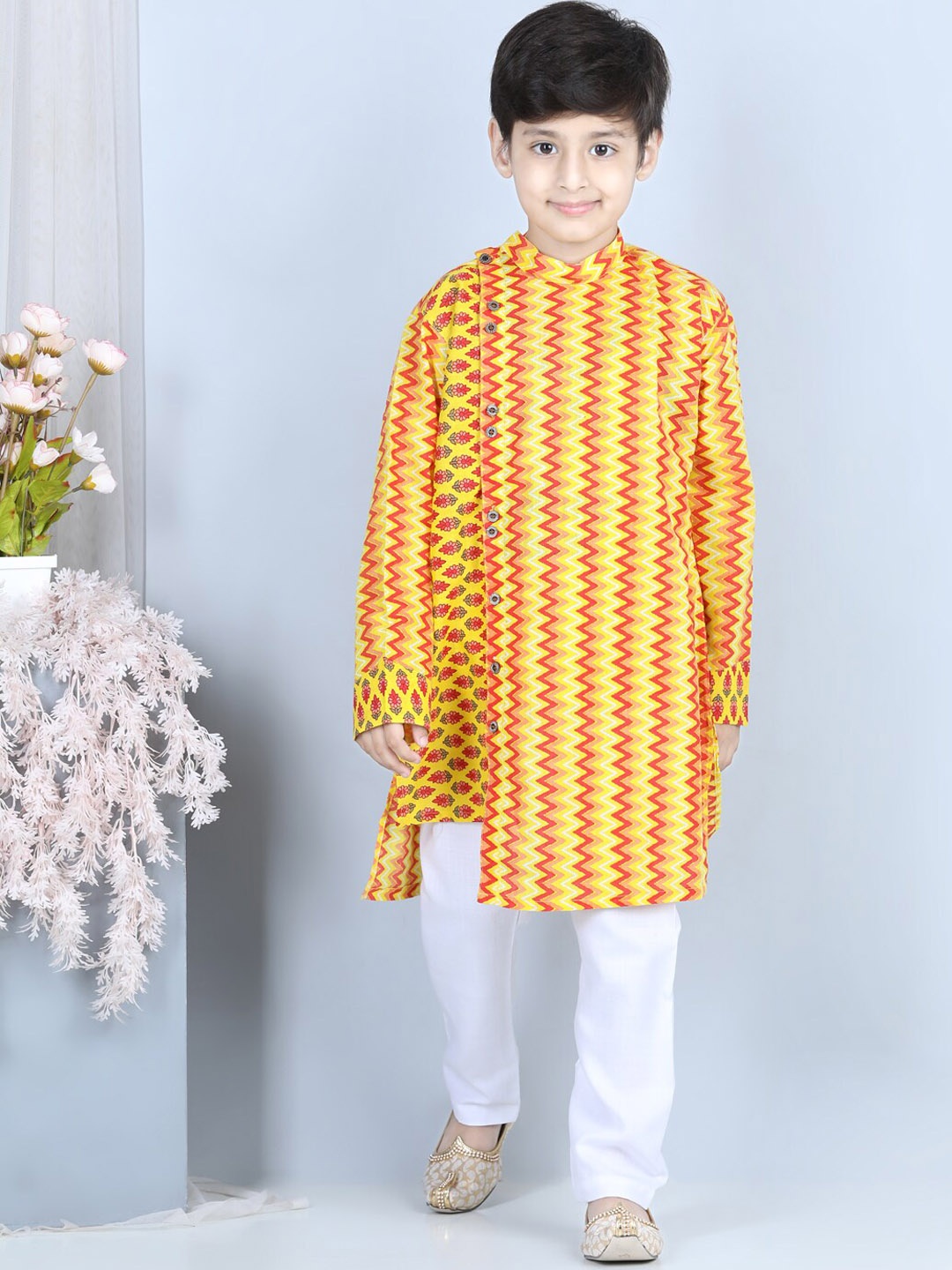 

Here&Now X Kinder Kids Boys Yellow Striped Angrakha Kurta with Pyjamas