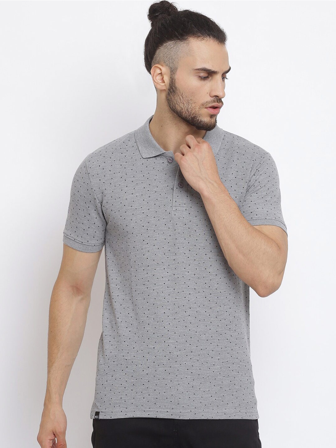 

MKH Men Grey Melange Printed Cotton Polo Collar T-shirt