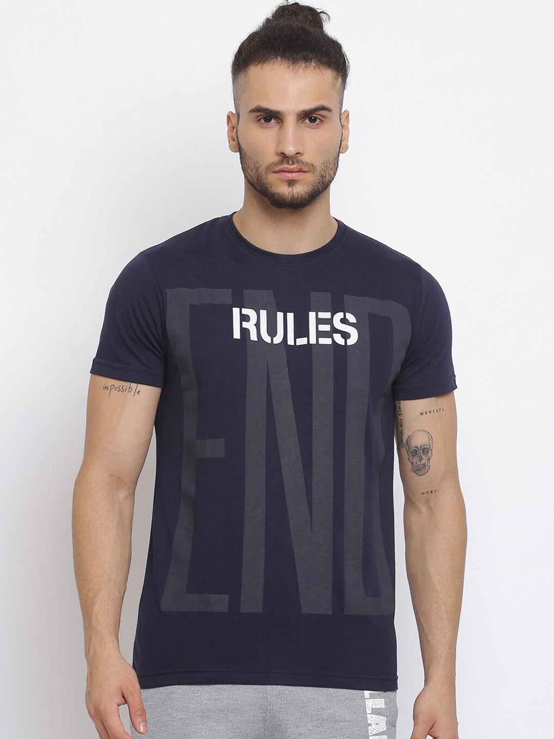 

MKH Men Navy Blue Typography Striped T-shirt