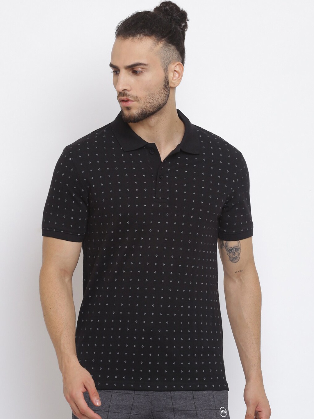 

MKH Men Black Printed Polo Collar Cotton Sports T-shirt