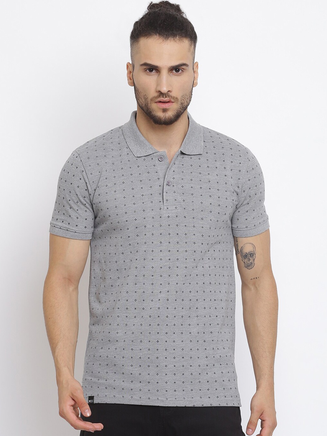

MKH Men Grey Melange Printed Cotton Polo Collar T-shirt