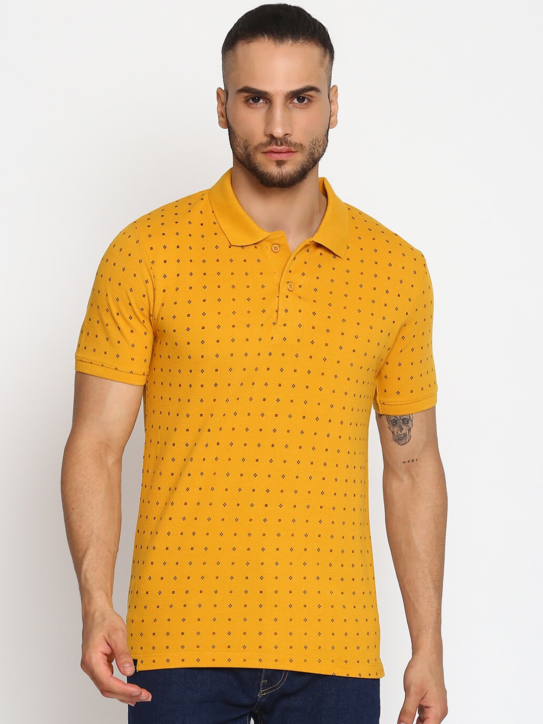 

MKH Men Mustard Yellow Printed Polo Collar Sports T-shirt