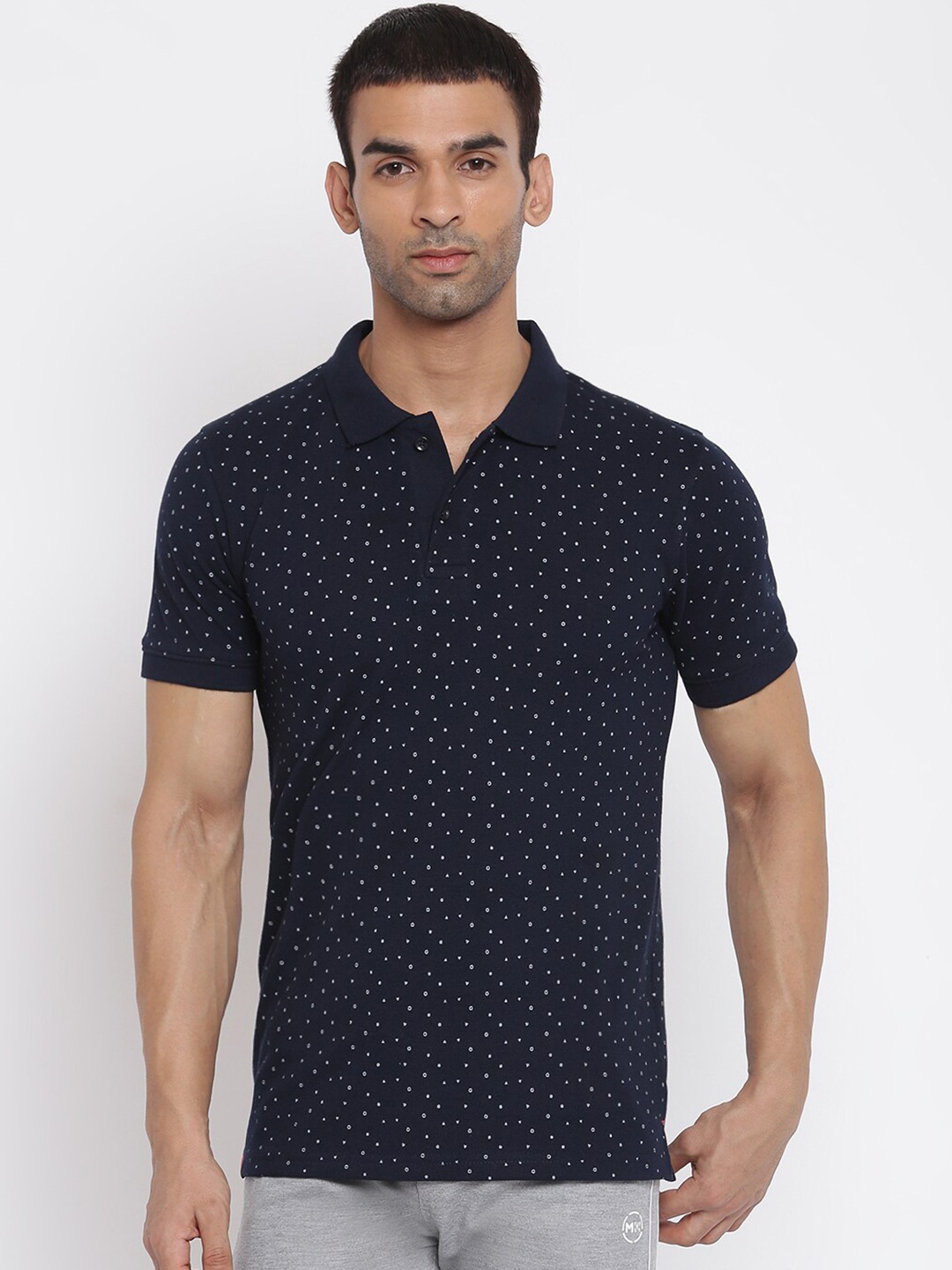 

MKH Men Navy Blue Polka Dots Printed Cotton Polo Collar T-shirt