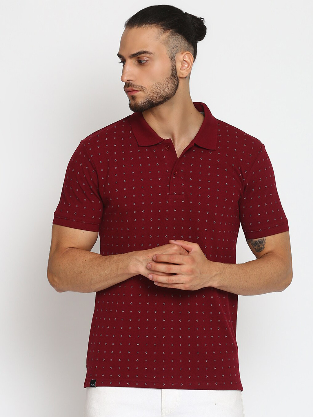 

MKH Men Printed Cotton Polo Collar Sports T-shirt, Maroon