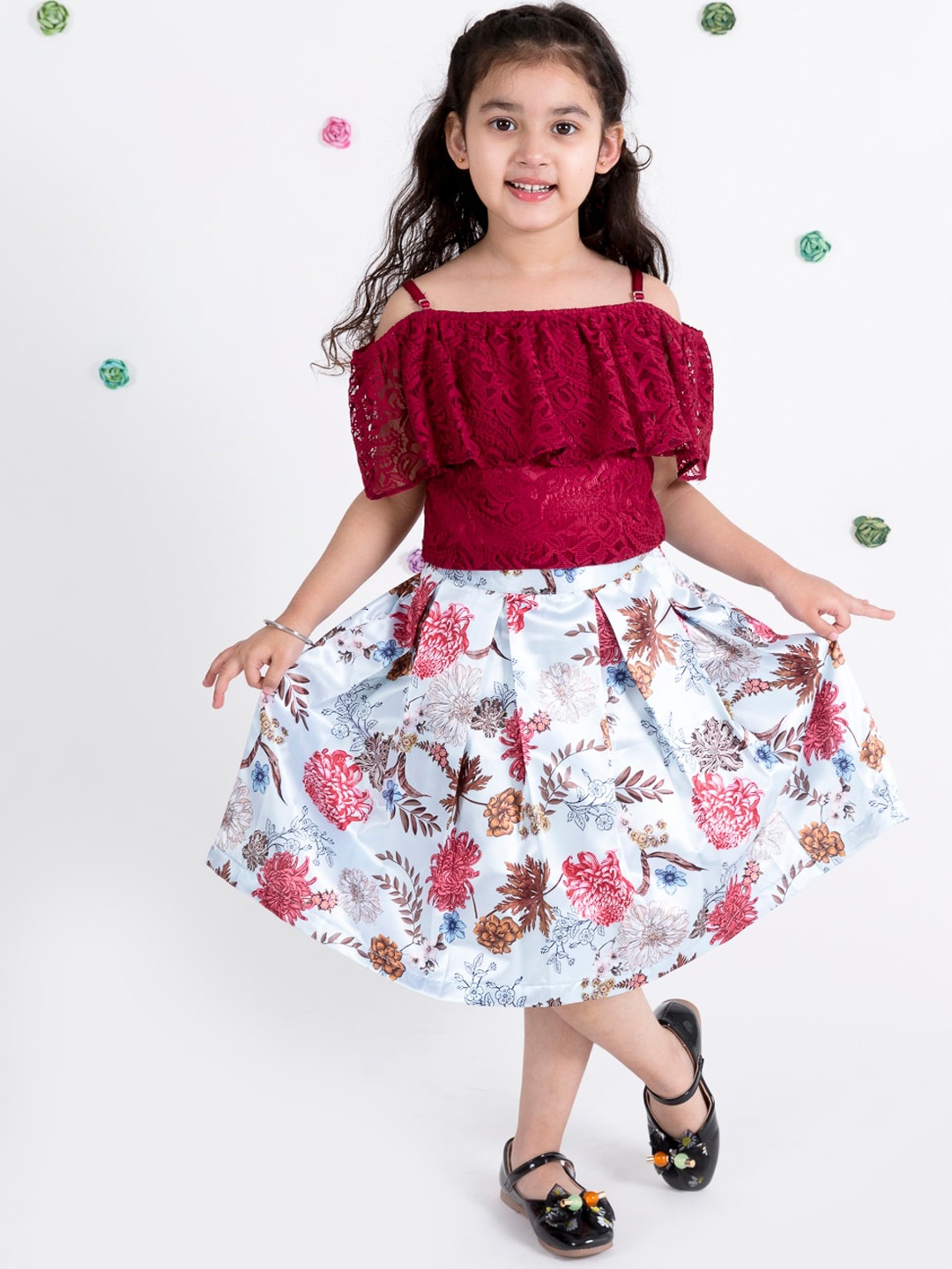 

pspeaches Girls Burgundy & White Printed Floral Shoulder Straps Top With Skirt