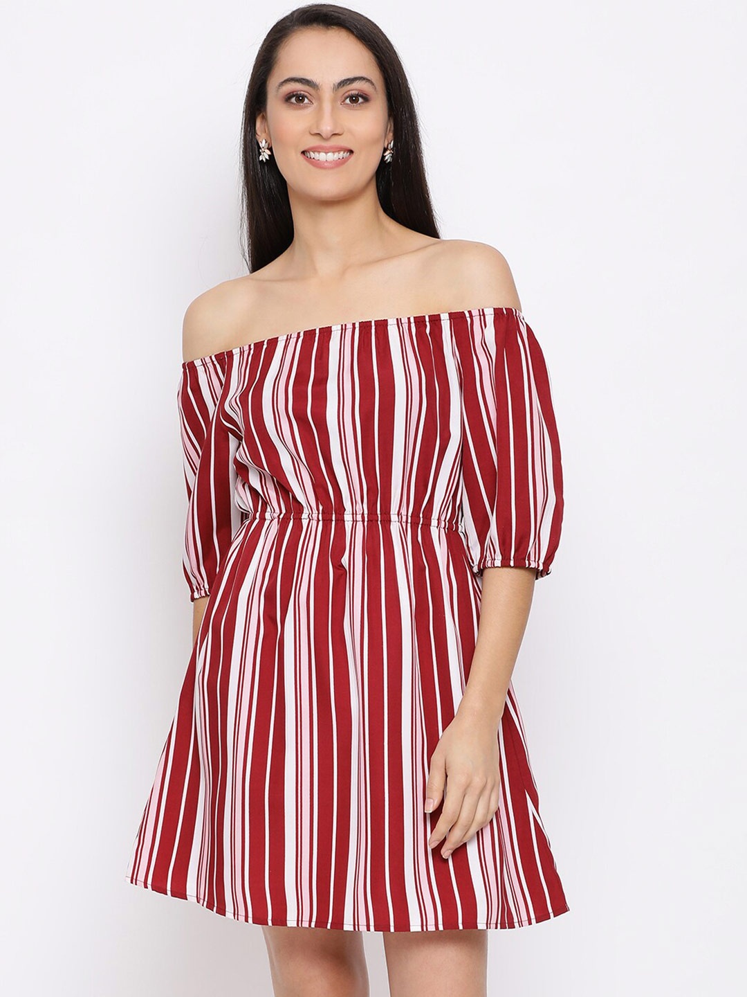 

DRAAX Fashions Red & White Striped Off-Shoulder Chiffon Dress, Multi