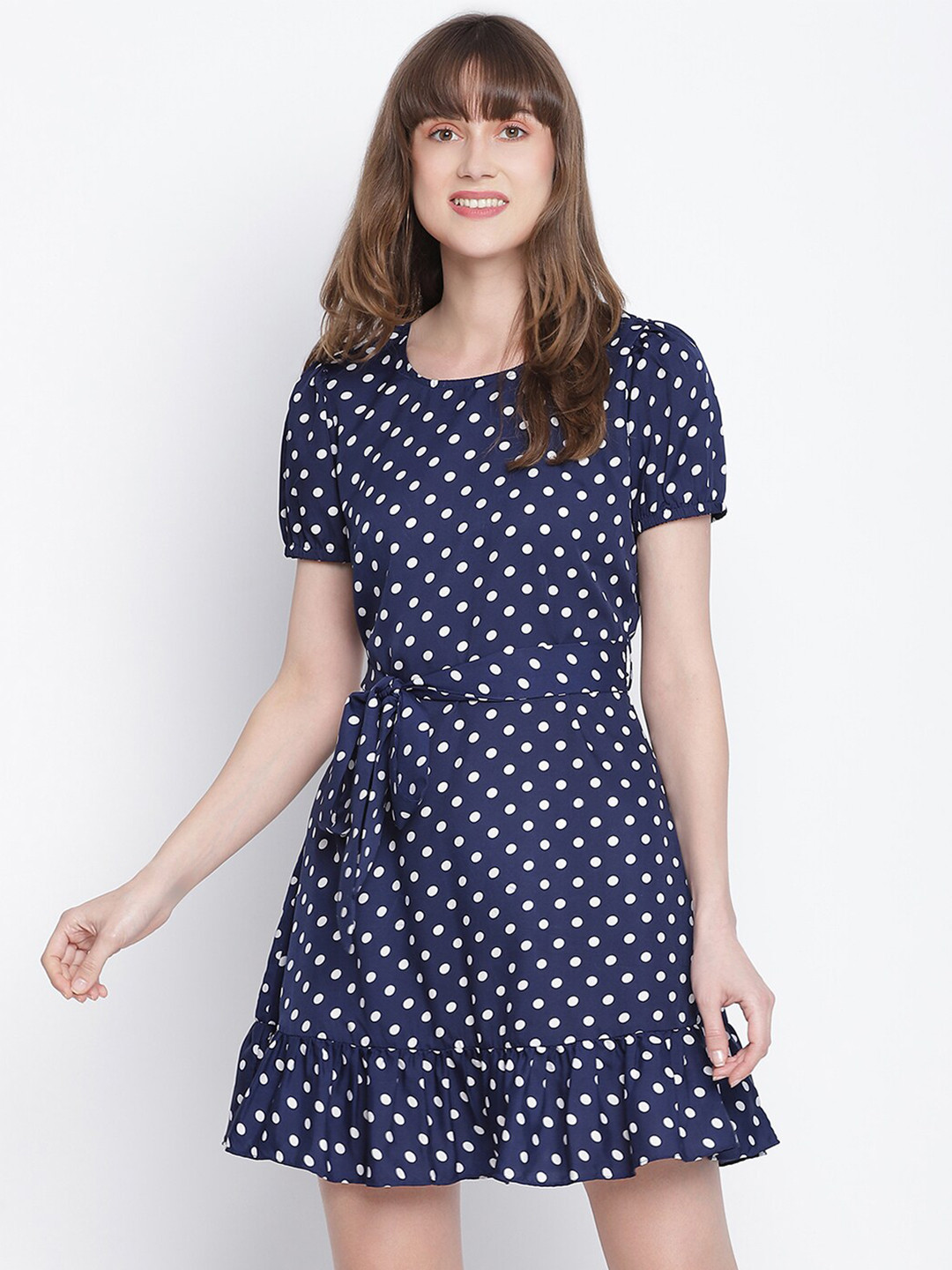 

DRAAX Fashions Women Blue Polka Dot Chiffon A Line Mini Dress