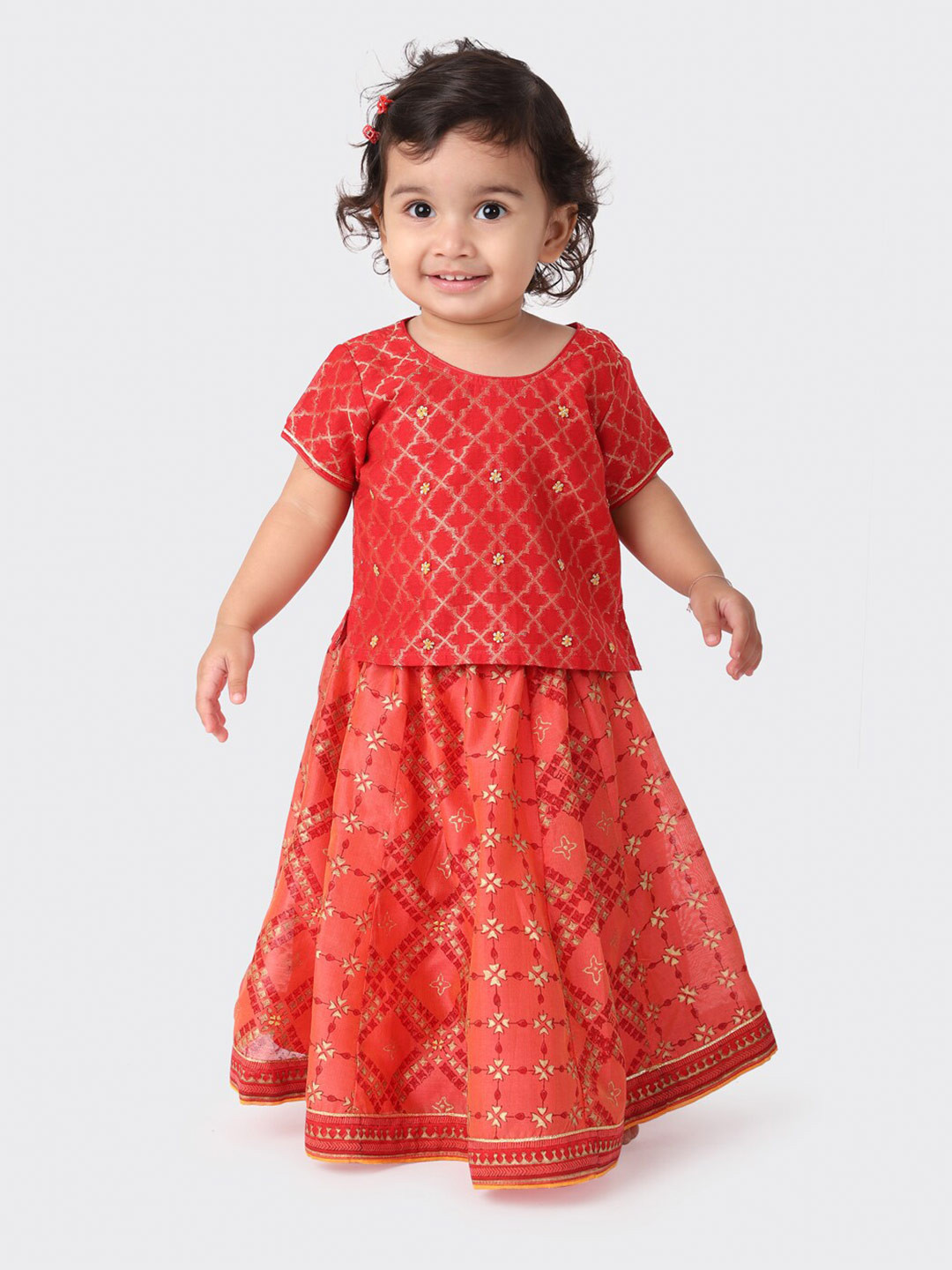 

Fabindia Girls Red & Gold-Toned Printed Ready to Wear Lehenga &