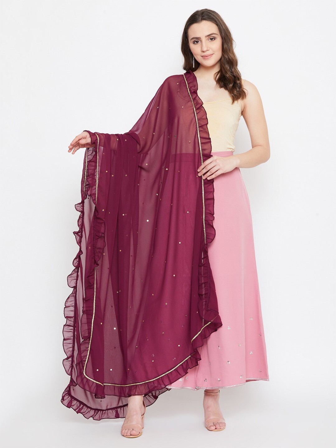 

Bitterlime Burgundy & Gold-Toned Embroidered Dupatta with Sequinned