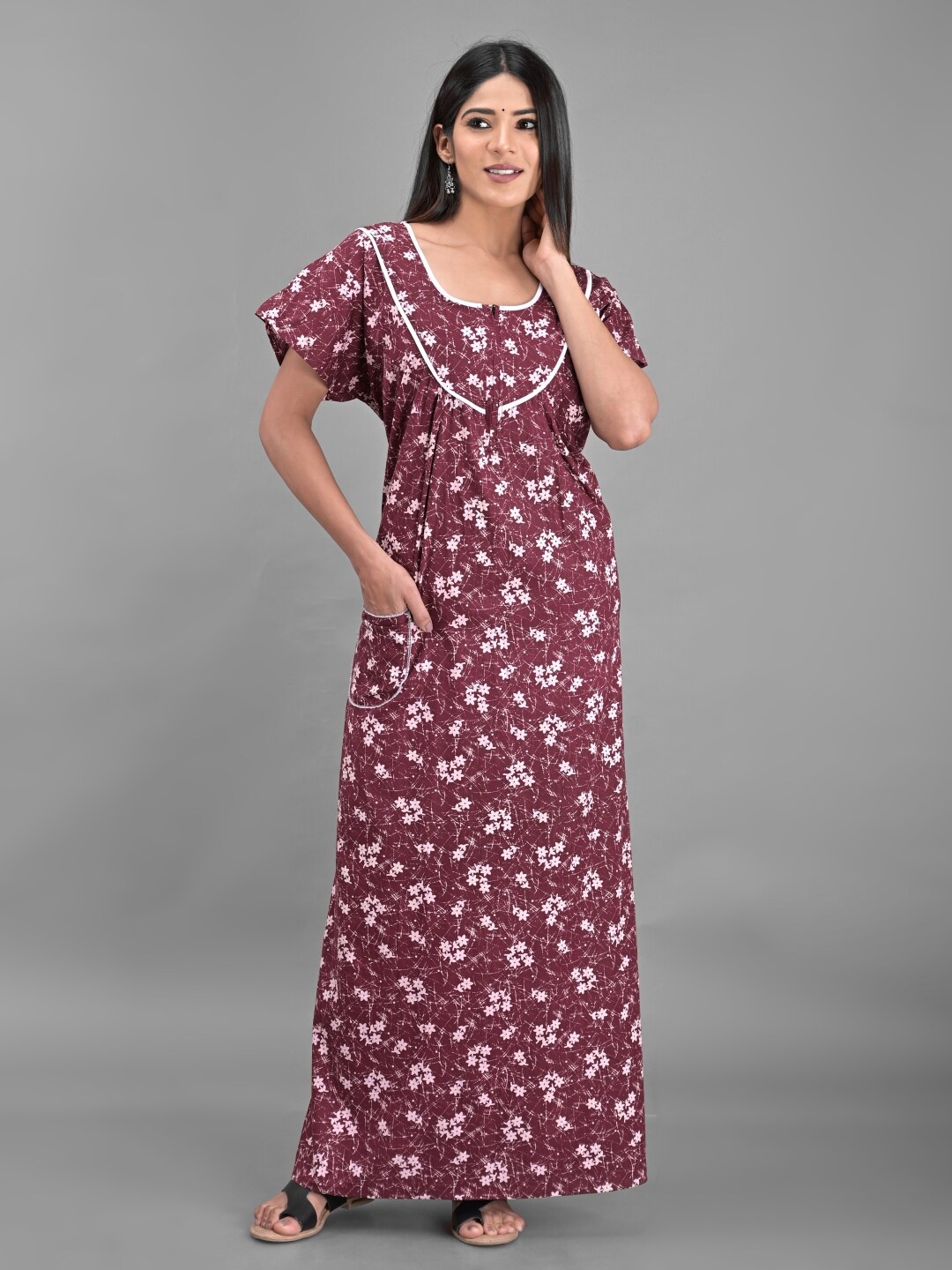 

Apratim Maroon Printed Cotton Maxi Nightdress