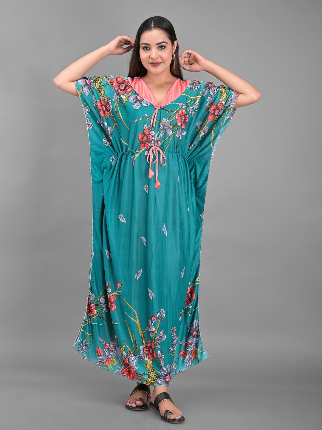 

Apratim Women Green Floral Printed Satin V-Neck Maxi Nightdress