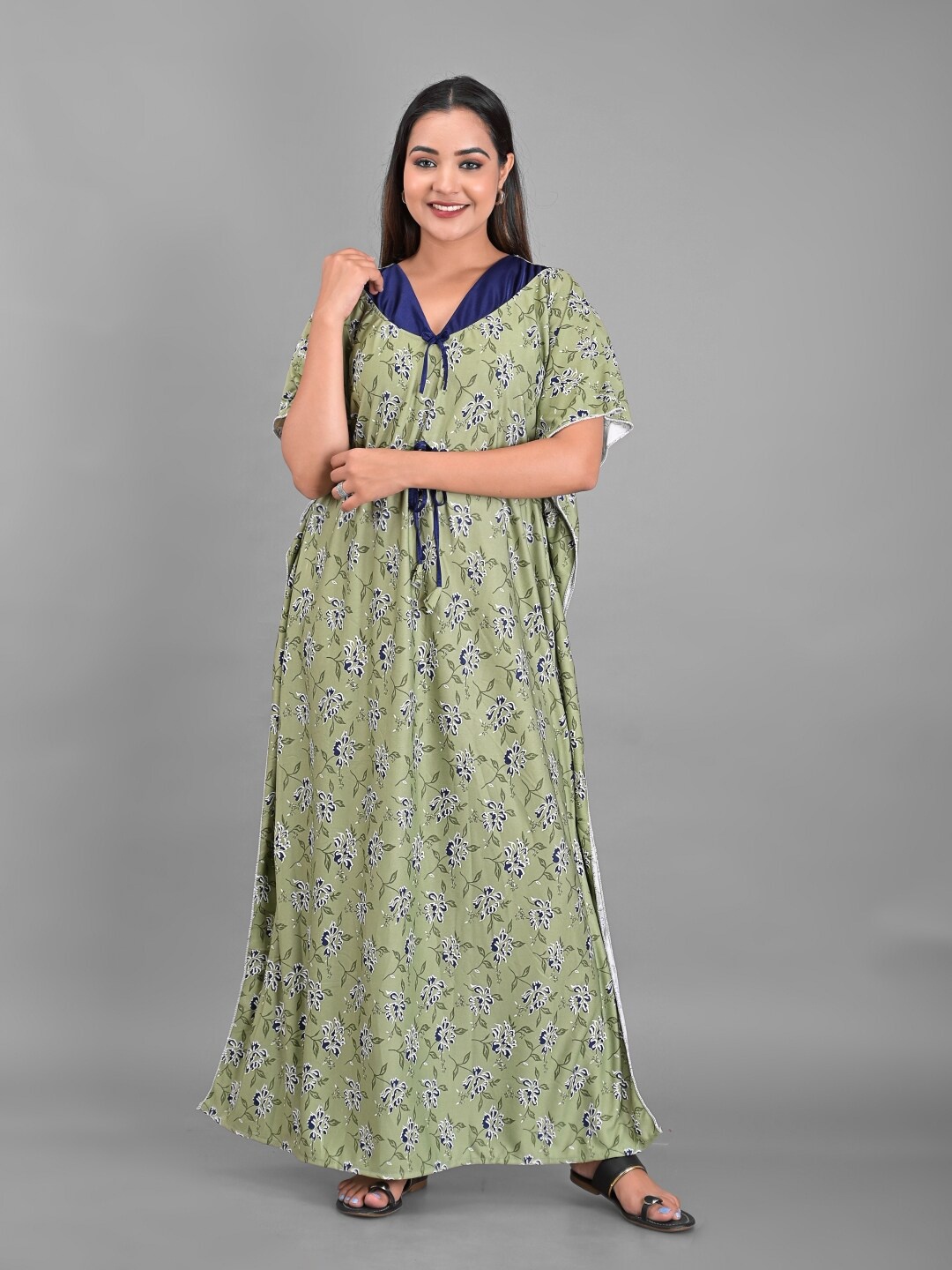 

Apratim Women Green Kaftan Maxi Nightdress