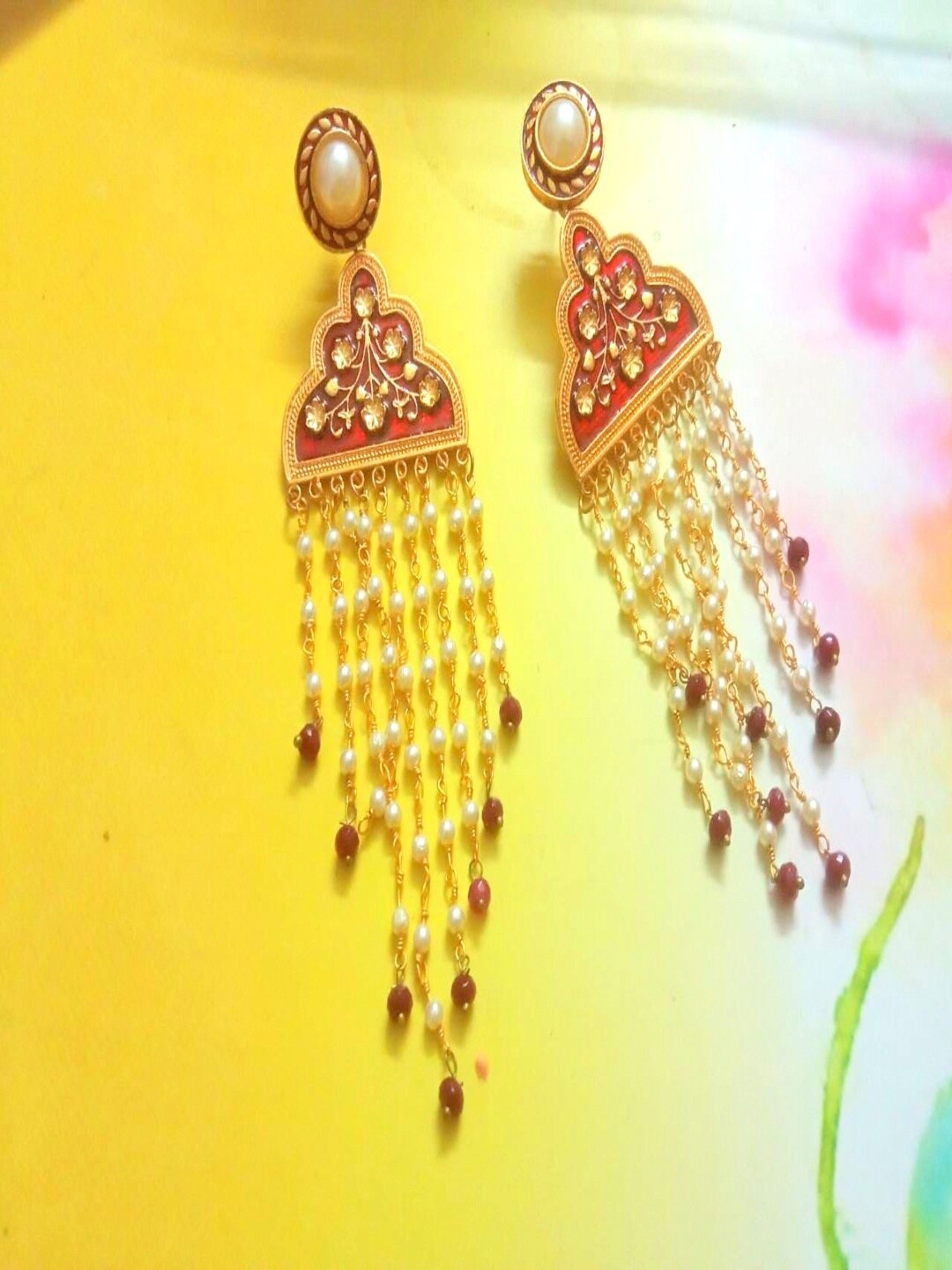 

Runjhun Maroon Contemporary Gold-Plated Drop Earrings