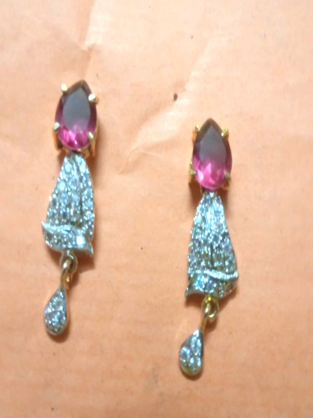 

Runjhun Magenta & Blue Gold Plated Contemporary Drop Earrings