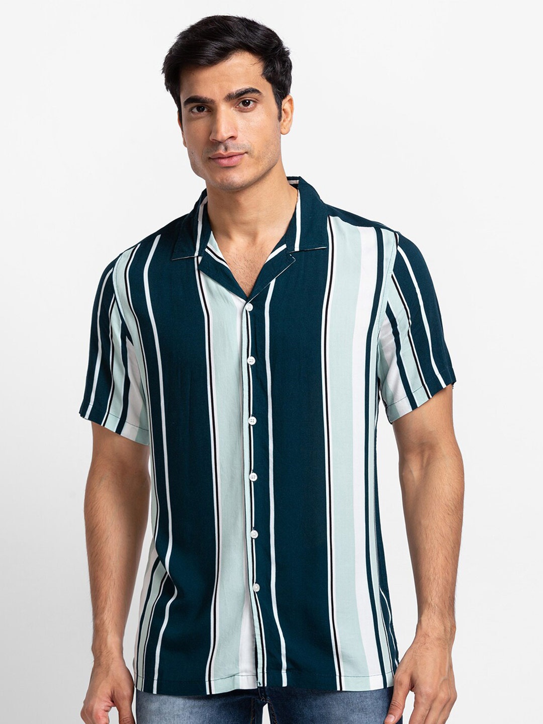 

Globus Striped Cuban Collar Casual Shirt, Teal