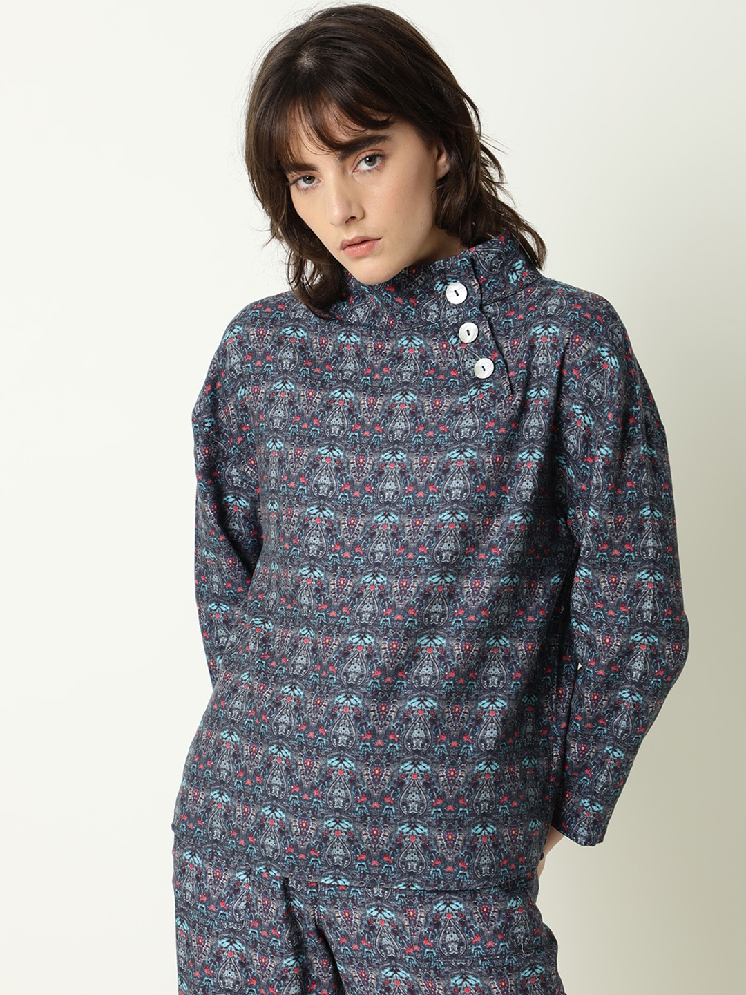 

RAREISM Grey Printed Pure Cotton Top