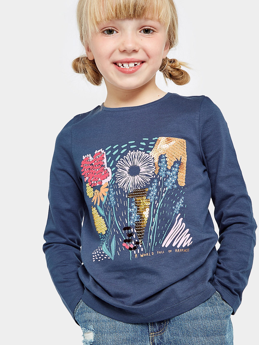 

mothercare Girls Floral Printed Sequins Embellished Pure Cotton T-shirt, Navy blue