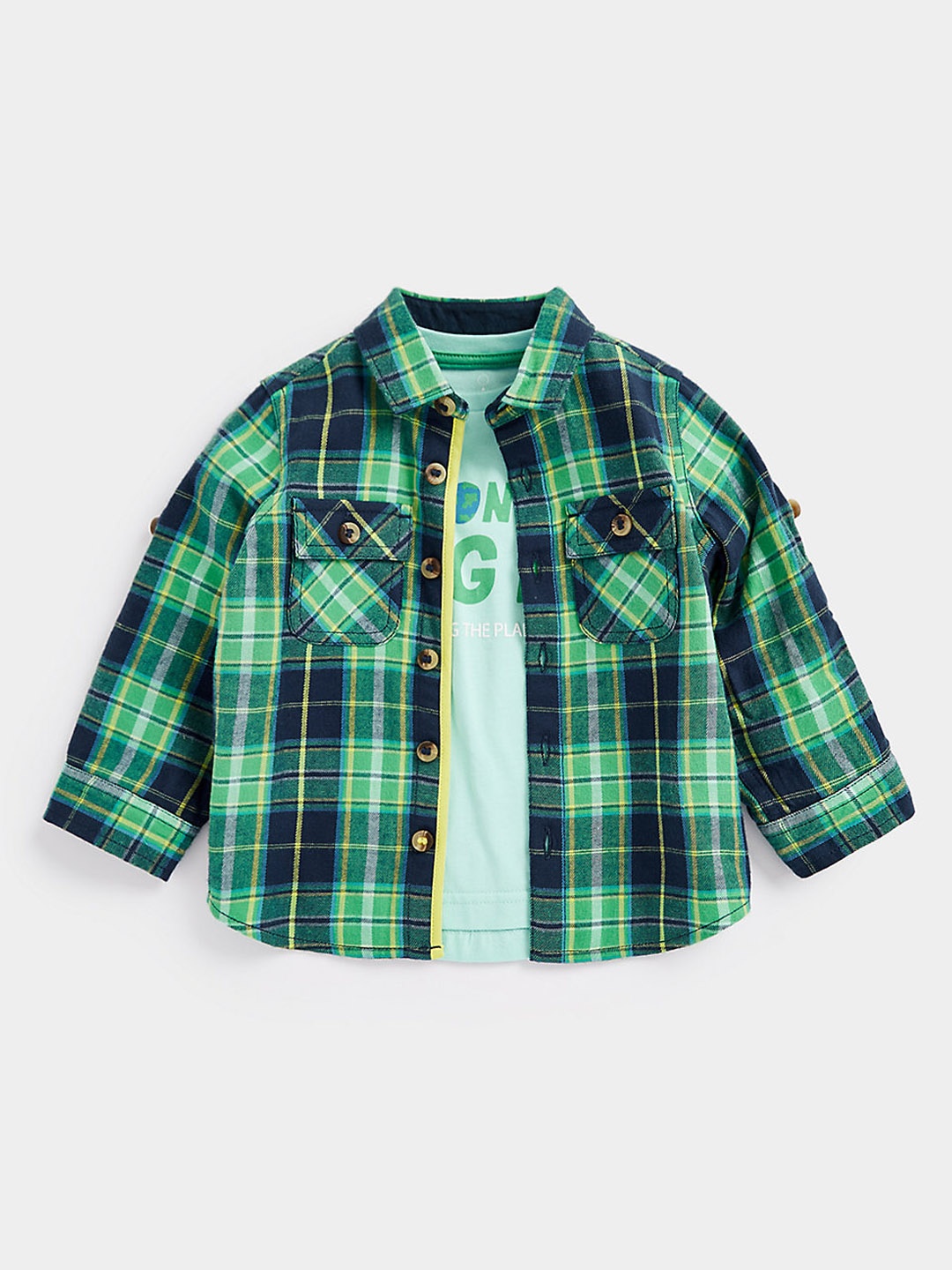 

mothercare Boys Tartan Checks Opaque Pure Cotton Casual Shirt With T-shirt, Green