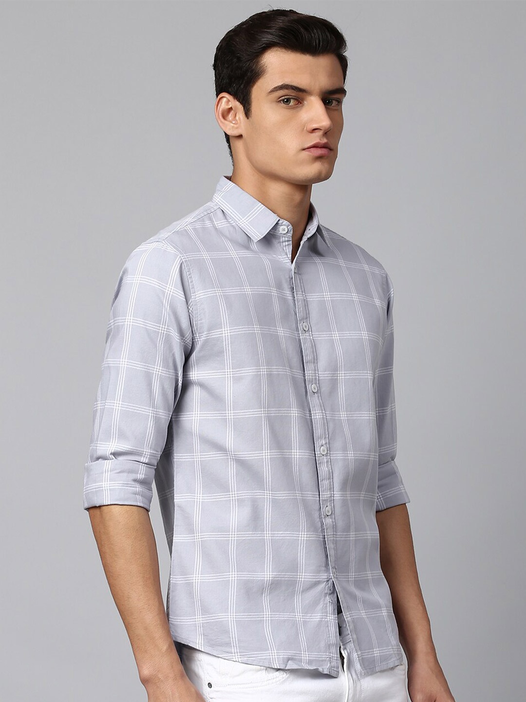 

Dennis Lingo Men Grey Slim Fit Windowpane Checks Checked Casual Shirt